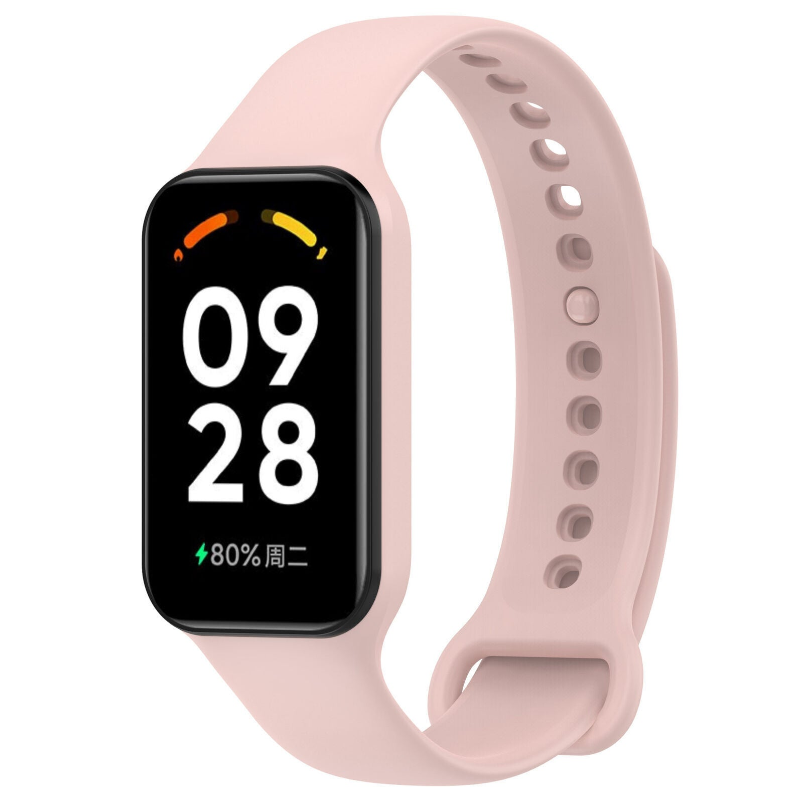 Rosa Smartwatch mit passendem pinkfarbenem Armband. Zeigt Zeit, Datum und Akkustand an.