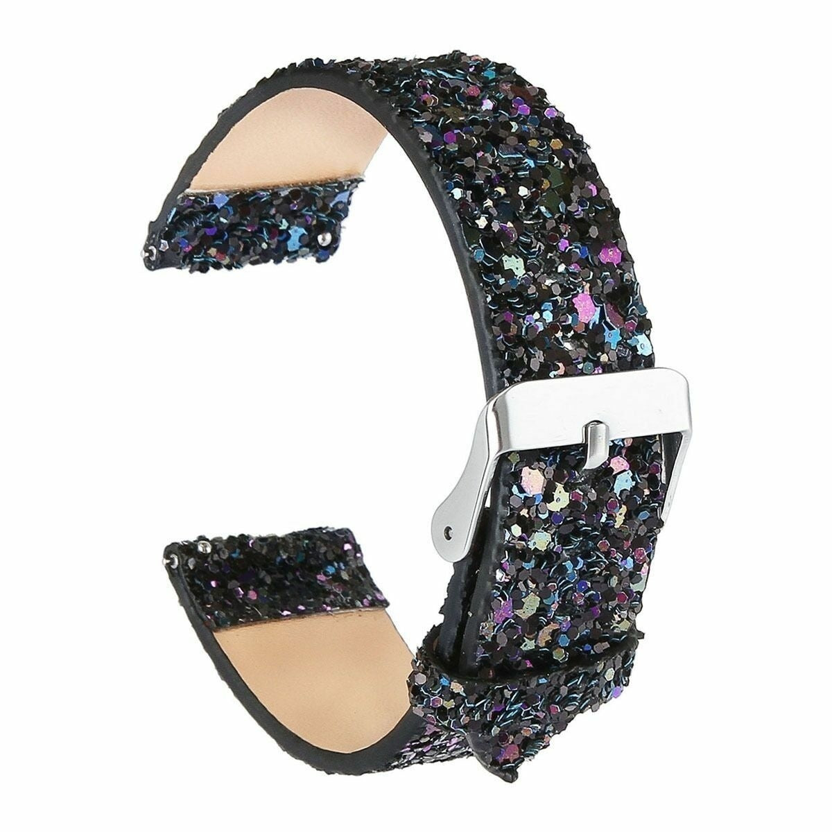 Ein schwarzes Uhrenarmband, bedeckt mit kleinen, schimmernden Pailletten. Das Armband hat eine silberne Schnalle.