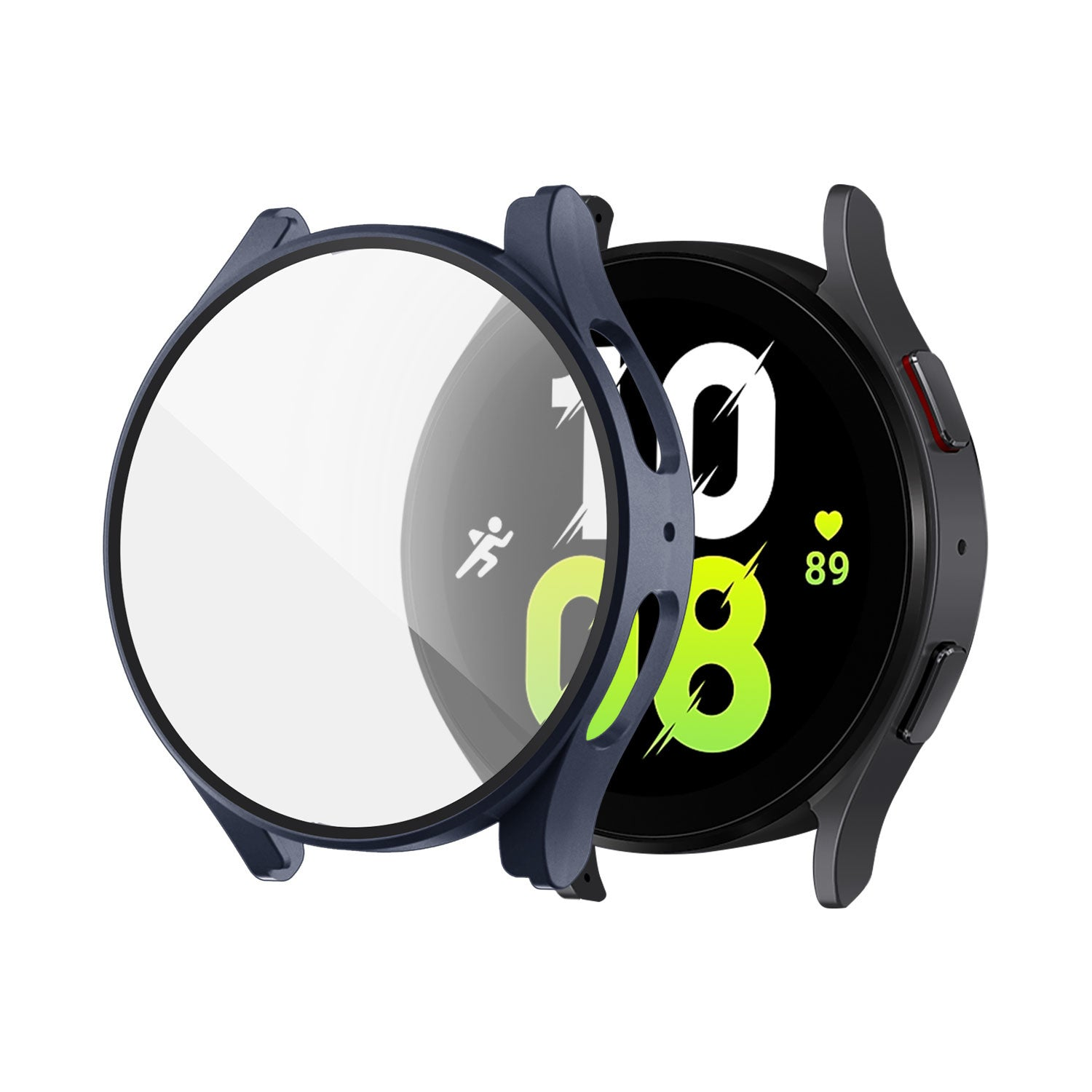 Eine Smartwatch mit blauem Gehäuse und einer transparenten Frontabdeckung.
