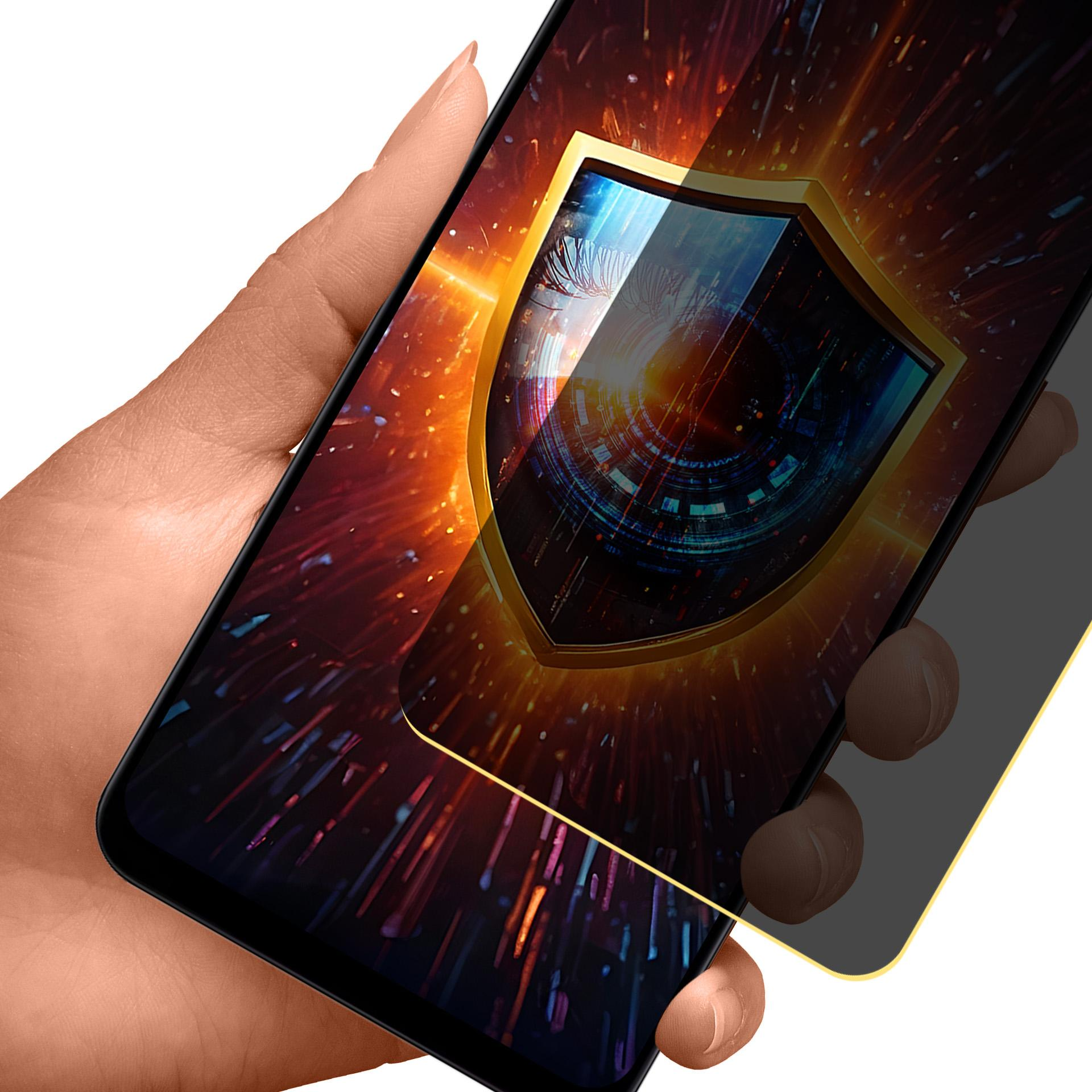 Mano che tiene un telefono, schermo mostra scudo grafico, con protezione.