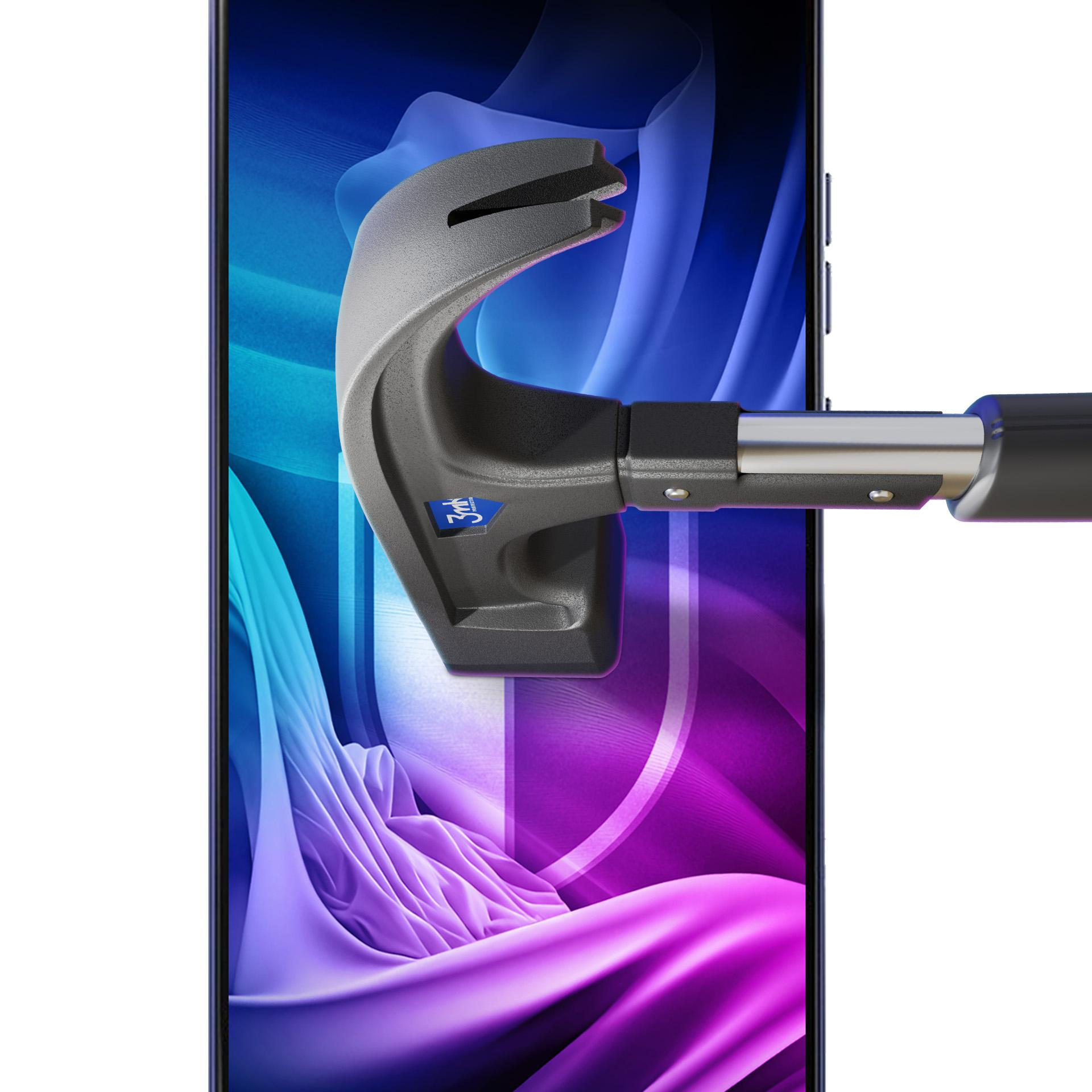 Ekran telefonu testowany narzędziem. Ekran wyświetla abstrakcyjną grafikę.