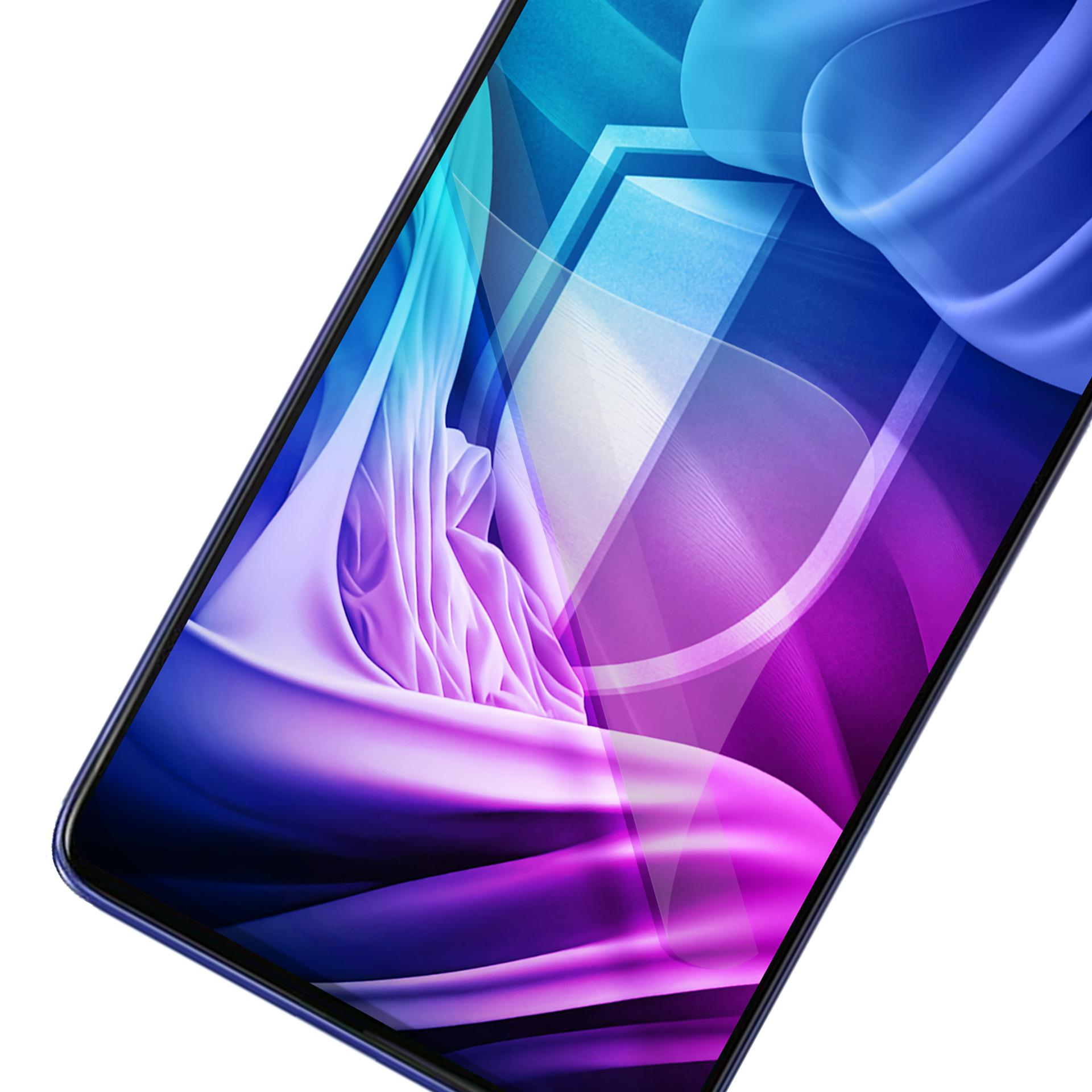 Zbliżenie ekranu telefonu wyświetlającego abstrakcyjną grafikę w kolorach niebieskim, fioletowym i białym.