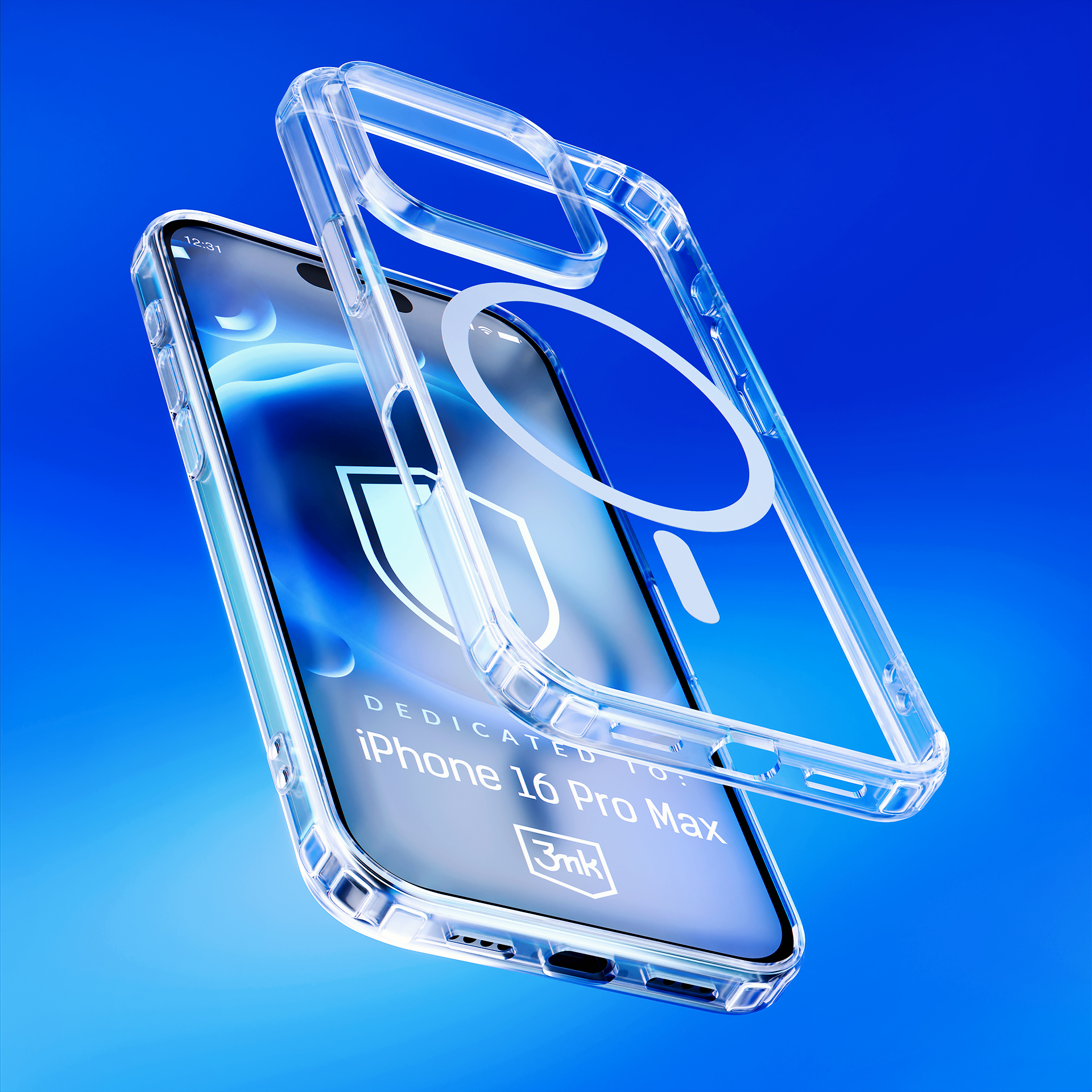 Custodia trasparente per telefono con un telefono all'interno. La custodia e il telefono sono su uno sfondo sfumato blu.