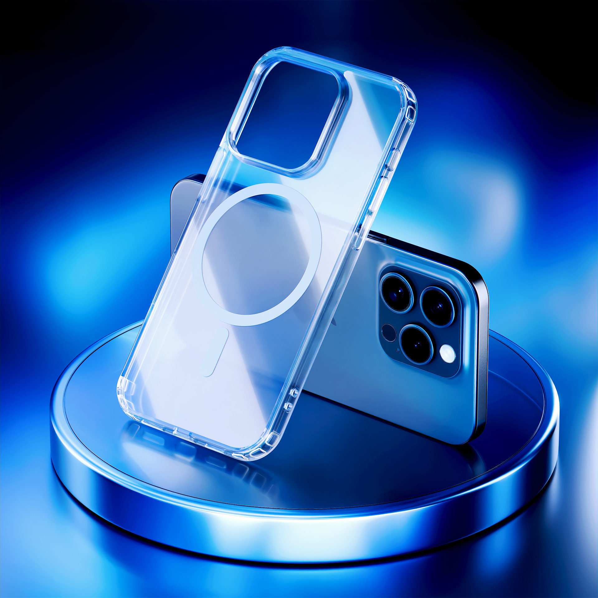 Due telefoni con custodie. Uno è su un supporto blu, l'altro è dietro.