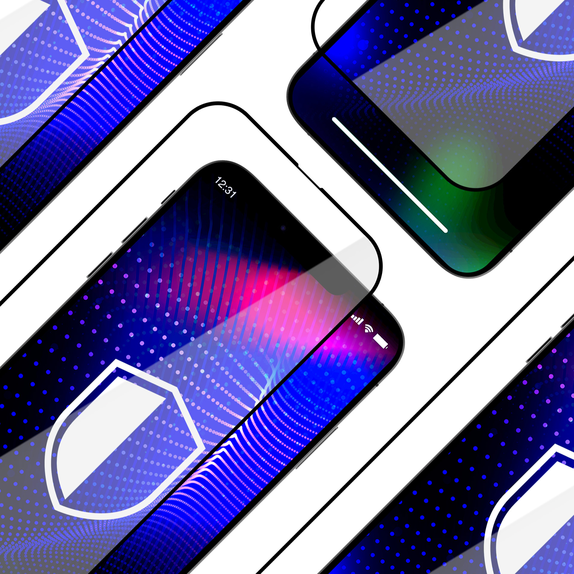 Cztery smartfony z ikoną tarczy bezpieczeństwa na ekranach. Każdy telefon ma białą obwódkę i niebieski wzór kropek.