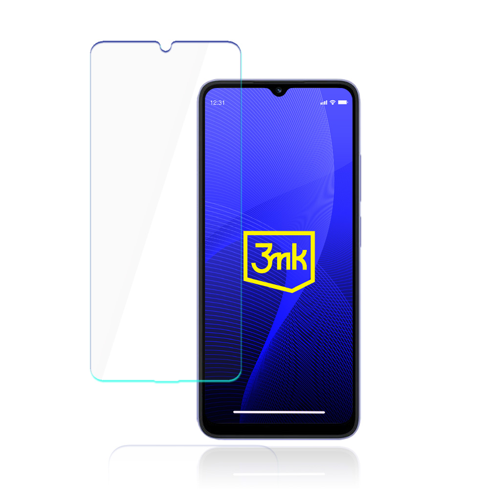 Un telefono con una protezione schermo accanto su una superficie bianca. Il telefono mostra il logo 3mk.