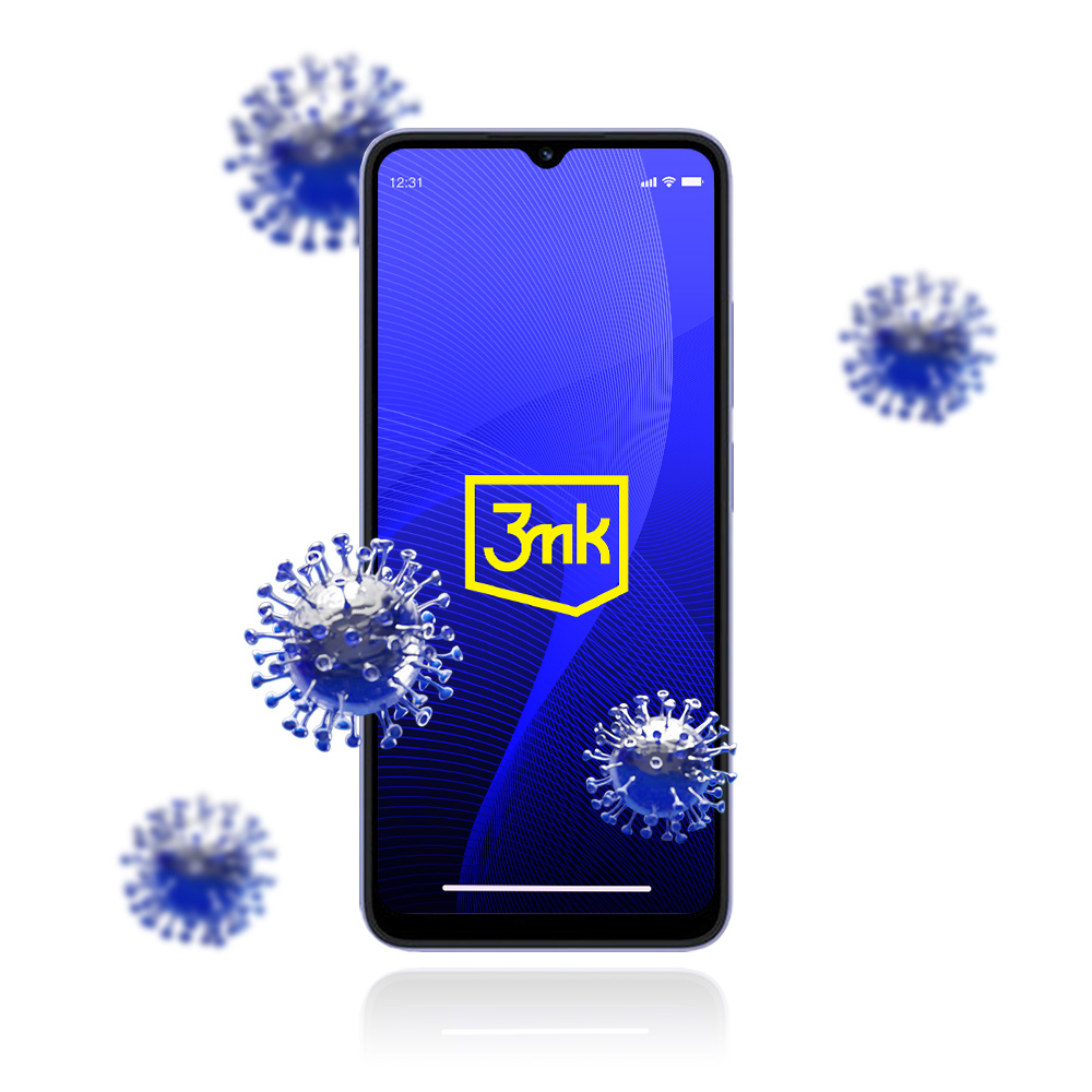 Un telefono con il logo 3mk, circondato da illustrazioni di virus blu su sfondo bianco.