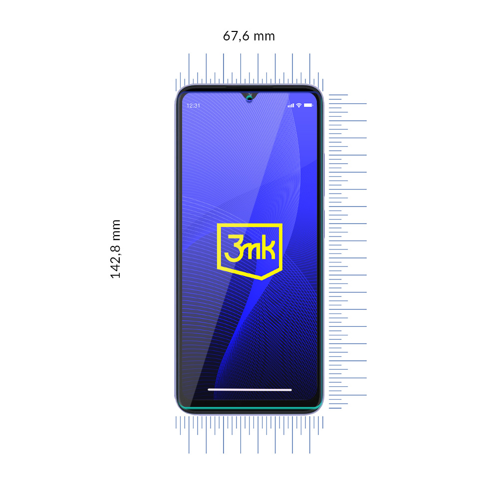 Uno smartphone con schermo blu che mostra un logo, le dimensioni sono indicate con le misure. Il telefono è su sfondo bianco.