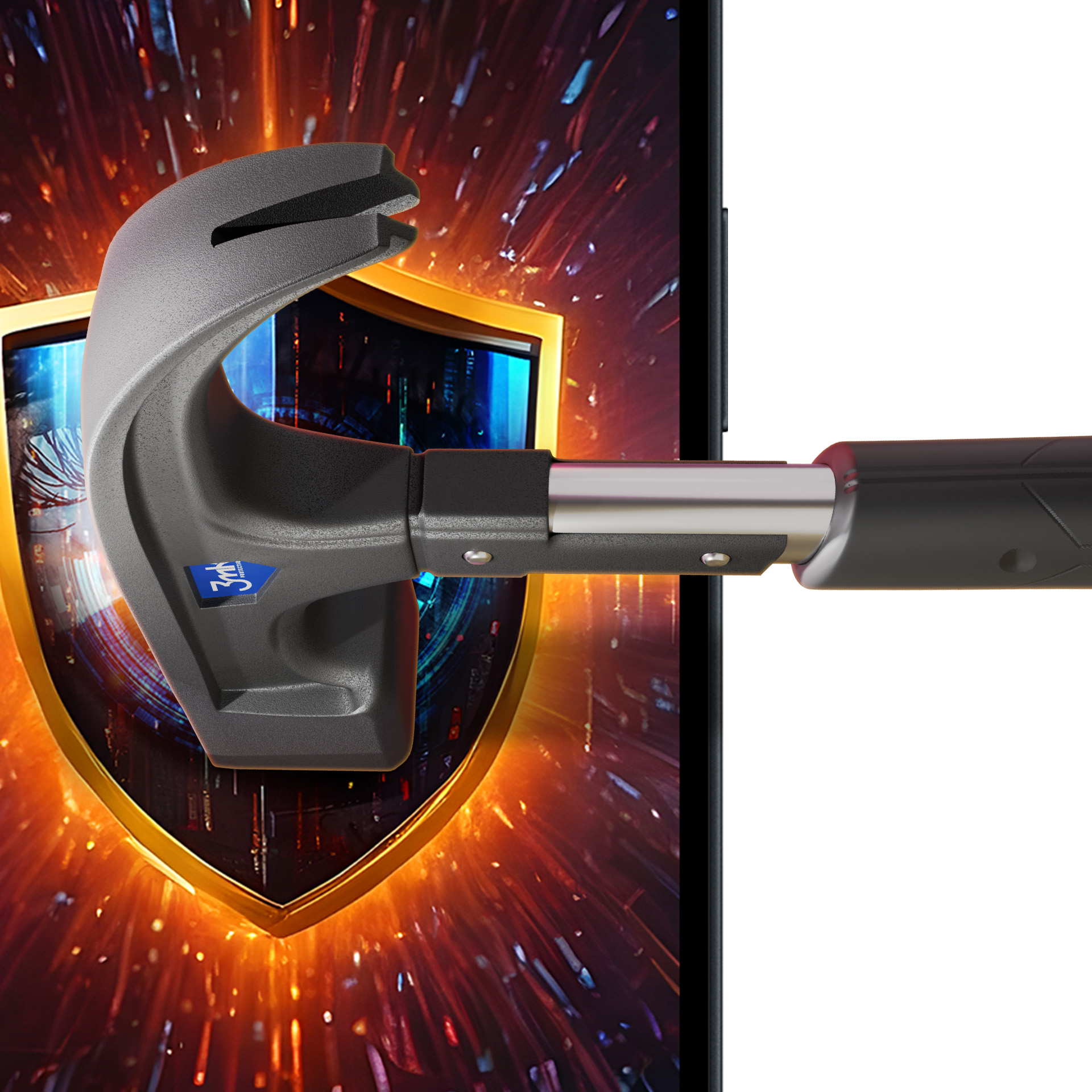 Młot uderzający w ekran telefonu z tarczą, pokazujący ochronę.