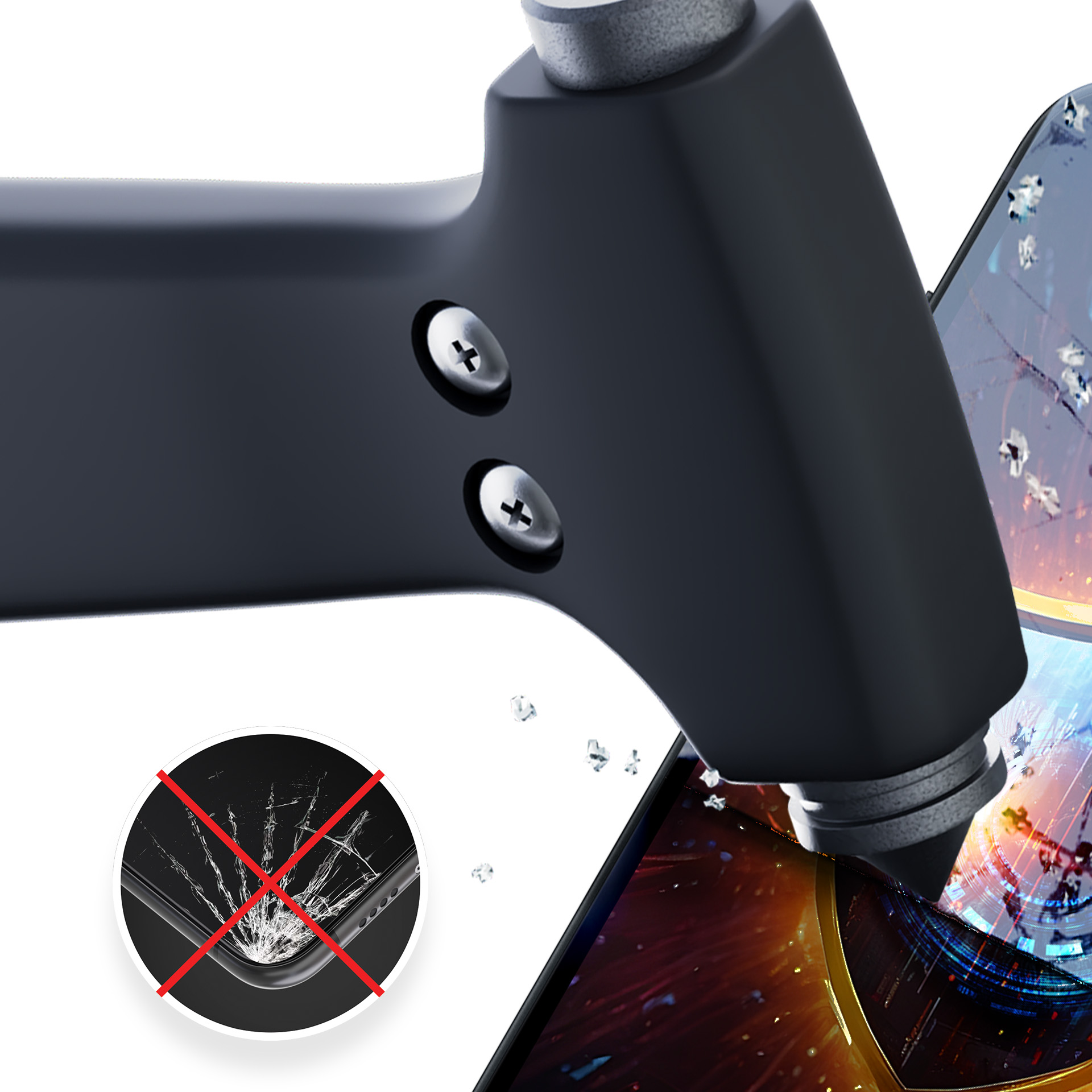 Młot uderzający w telefon, grafika pokazuje pęknięty ekran z czerwonym X, wskazując ochronę.