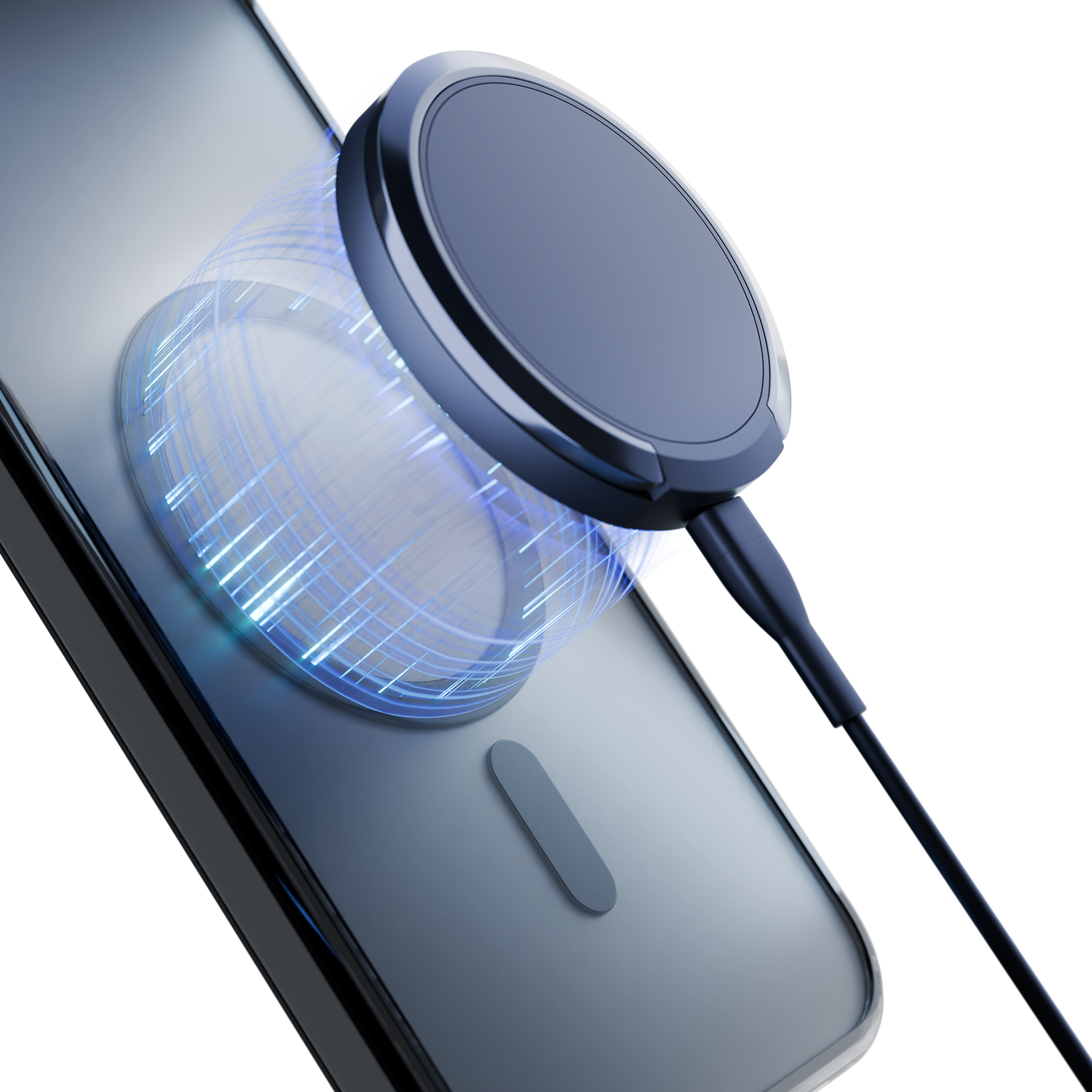 Telefon z ładowarką bezprzewodową. Ładowarka jest czarna i ma niebieskie światło oraz czarny kabel.