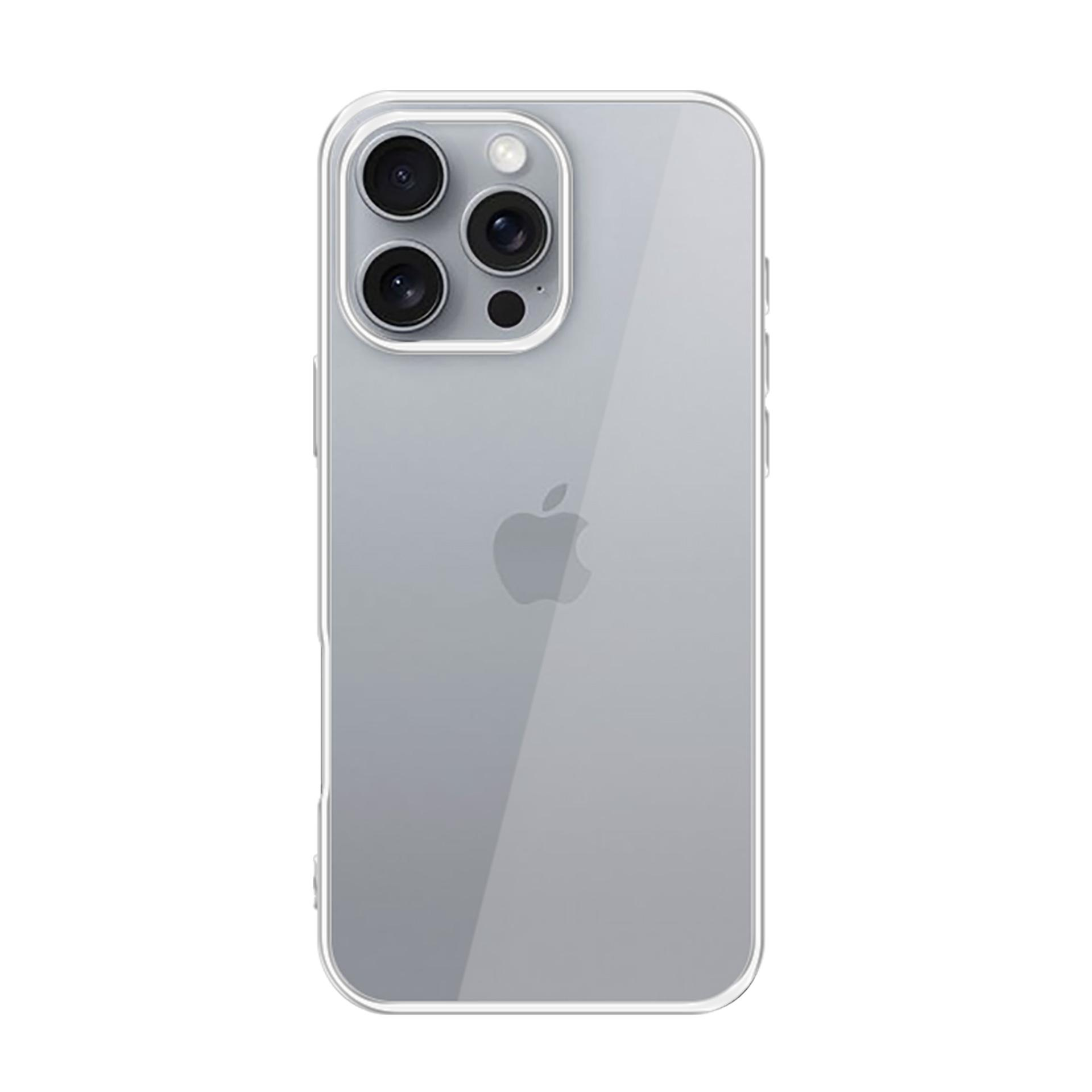 Przezroczyste etui na telefon na szarym telefonie. Etui ma moduł kamery z 3 obiektywami. Widoczne logo Apple.