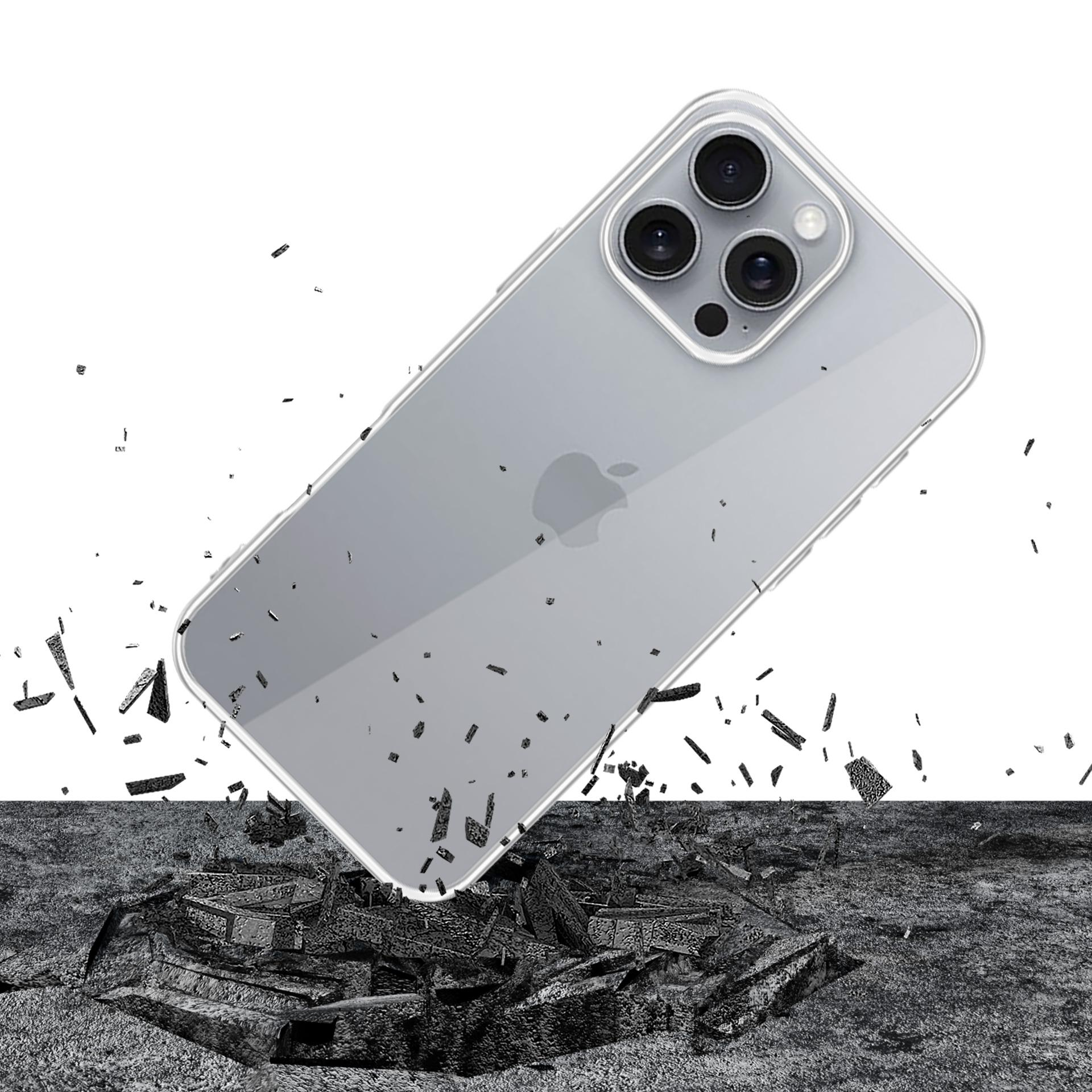 Przezroczyste etui na telefon spadające na pęknięty beton. Telefon jest w powietrzu i wydaje się spadać. Etui jest przezroczyste.