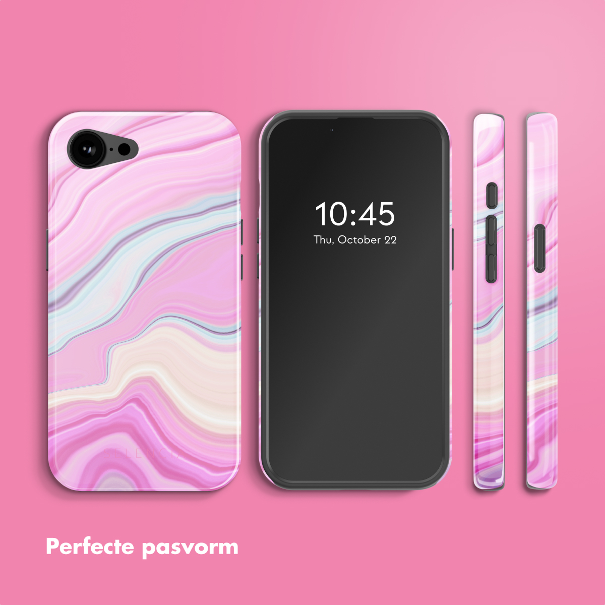 Set di custodie per telefono in marmo rosa. Include un telefono e due custodie laterali. Testo in olandese: "Perfecte pasvorm".