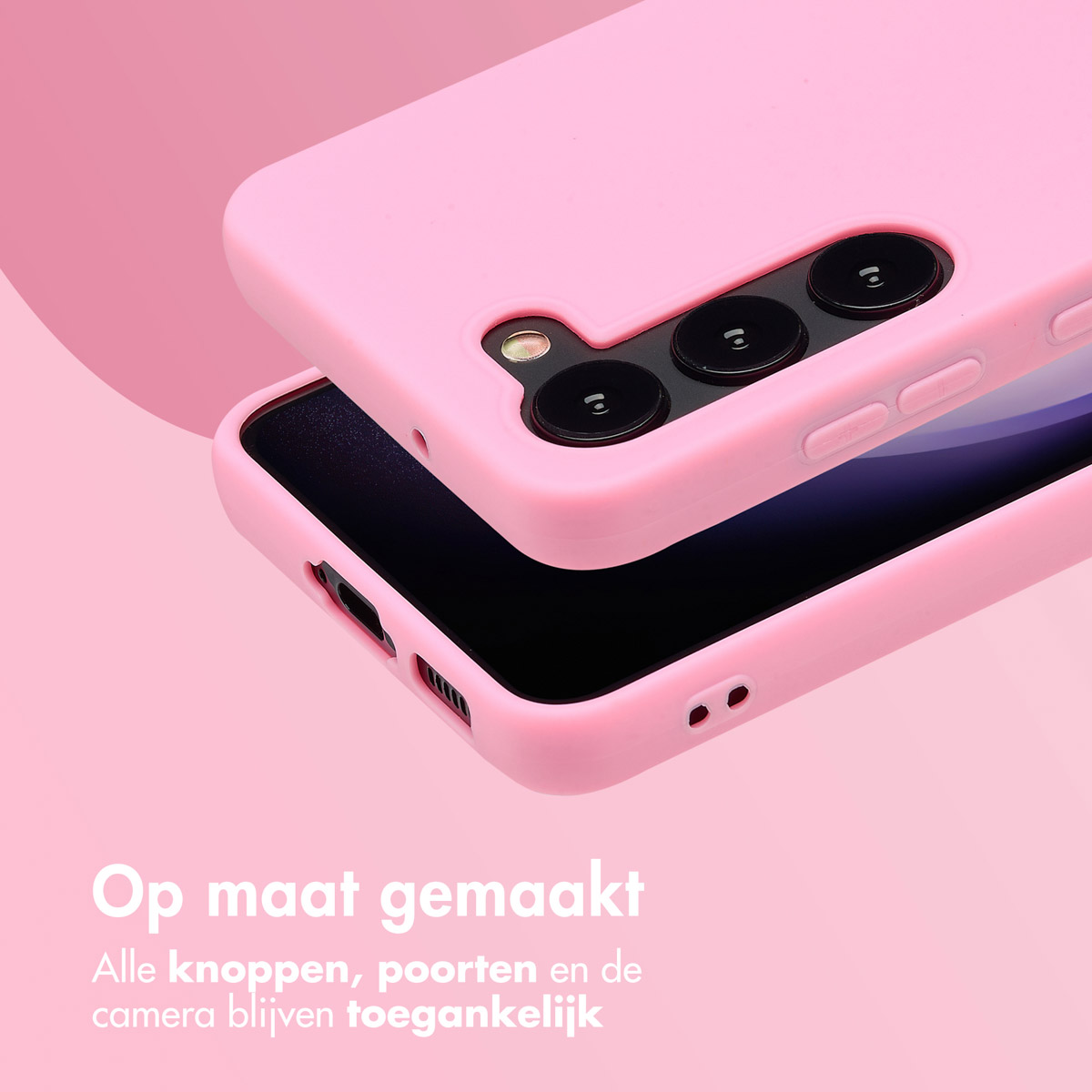 Roze telefoonhoesje op een telefoon. De hoes is gedeeltelijk open. Zwarte camera en knoppen zichtbaar.