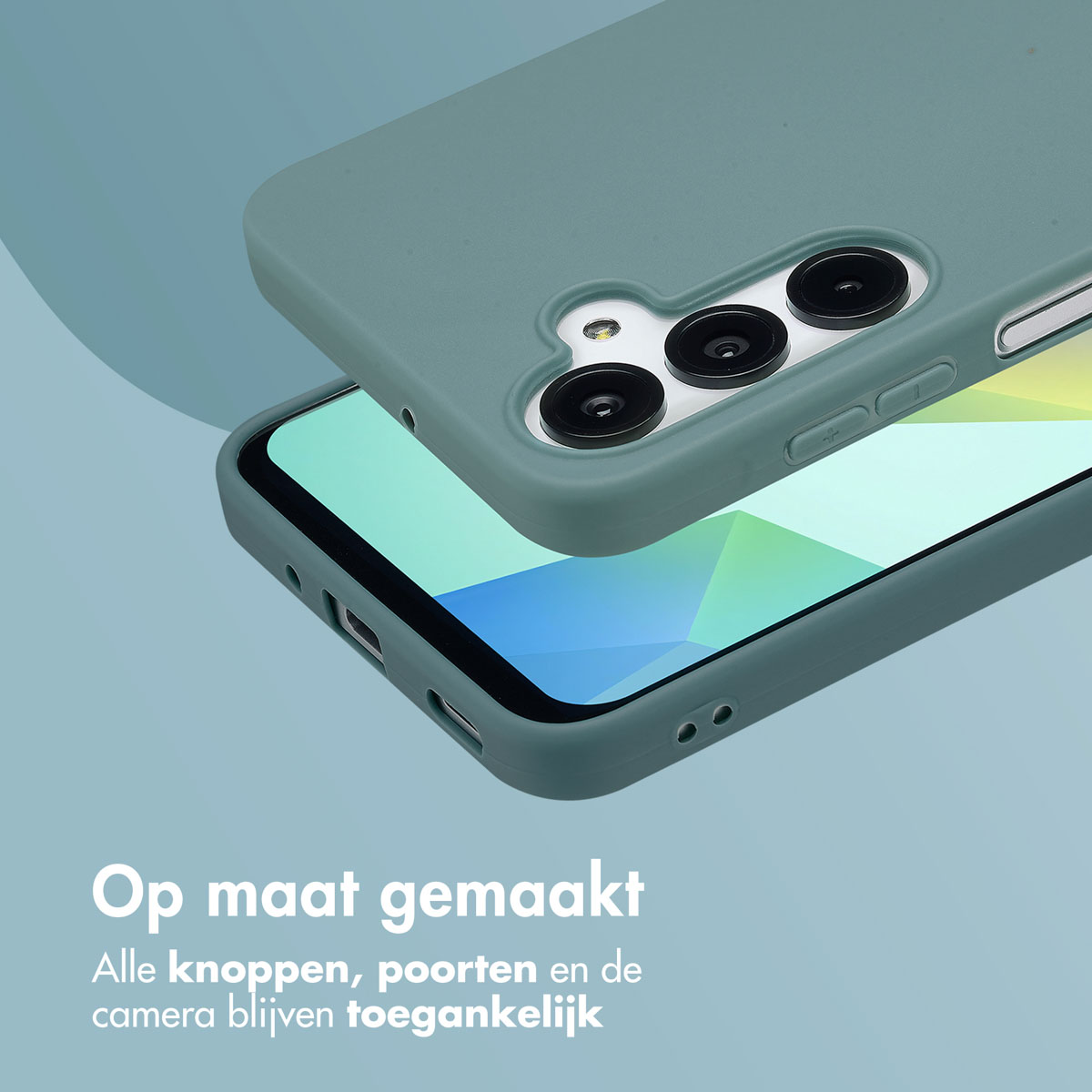 Grüne Handyhülle auf einem Telefon. Gehäuse teilweise geöffnet. Schwarze Kamera und Knöpfe sichtbar.