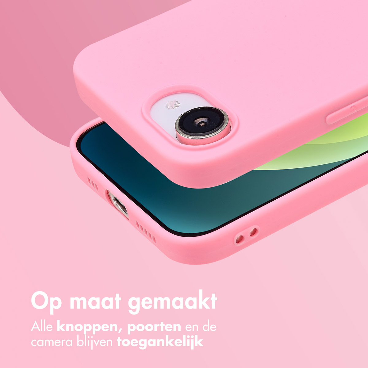 Pink phone case on a phone, slightly open. Text at the bottom. The phone screen is visible.