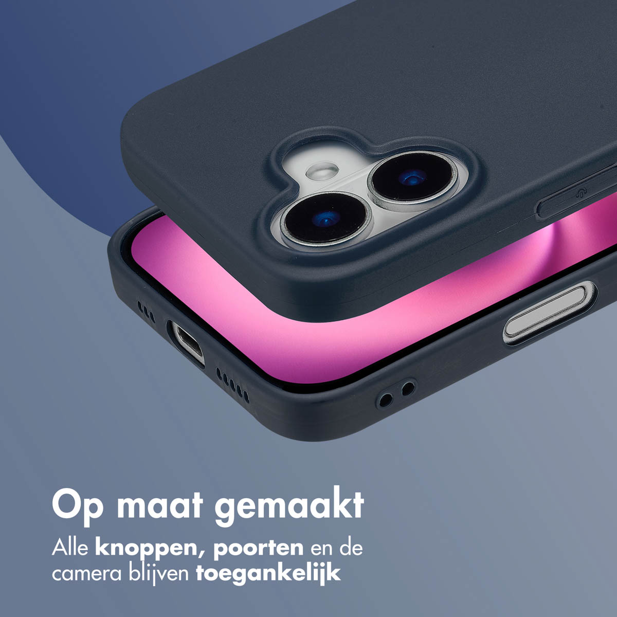 Custodia blu scuro su un telefono, leggermente aperta. Testo in basso. Lo schermo del telefono è visibile.