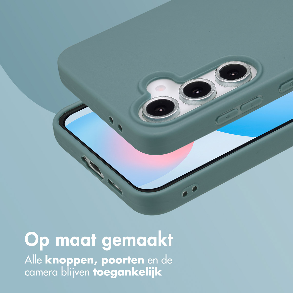 Groene telefoonhoes op een telefoon. Hoes gedeeltelijk open. Zwarte camera en knoppen zichtbaar.