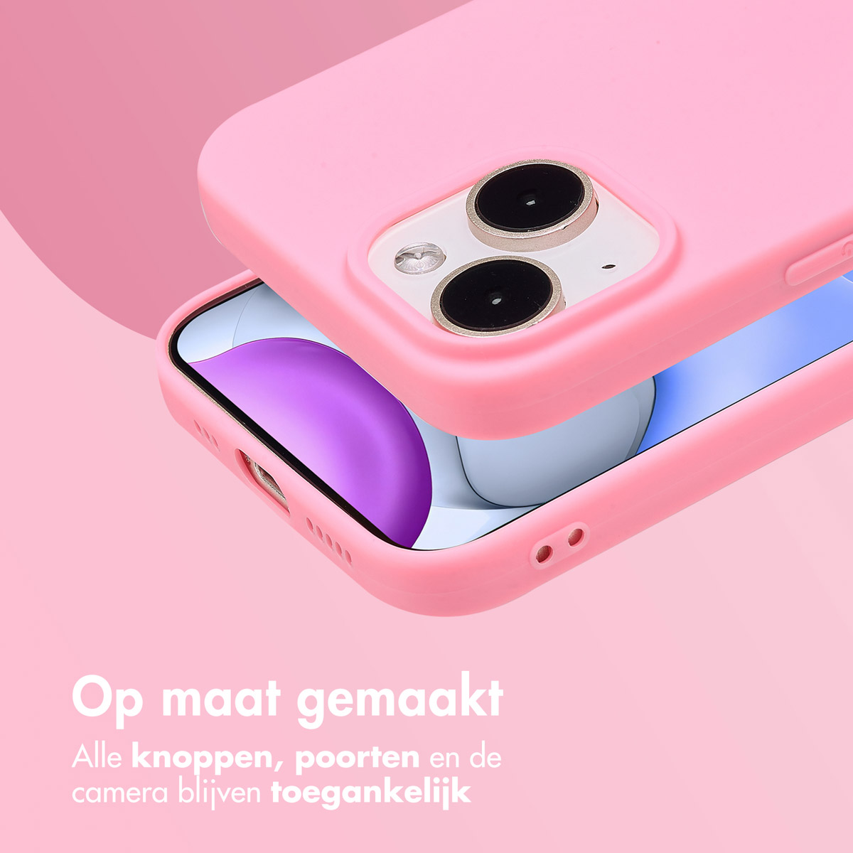 Pink phone case on pink background. Phone's camera and buttons are visible. Text at the bottom.
