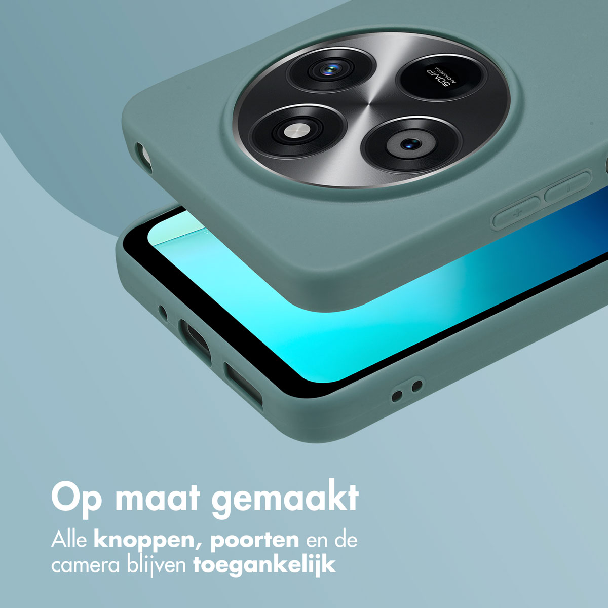 Een telefoonhoesje op een telefoon. Het hoesje is groen en iets open. Tekst onderaan.