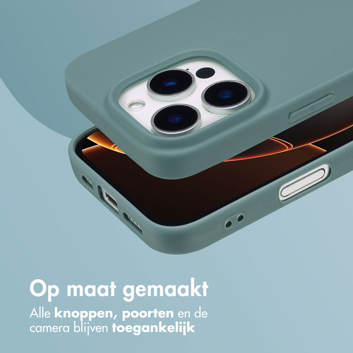 Groene telefoonhoes op een telefoon, iets open. Tekst onderaan. Het telefoonscherm is zichtbaar.