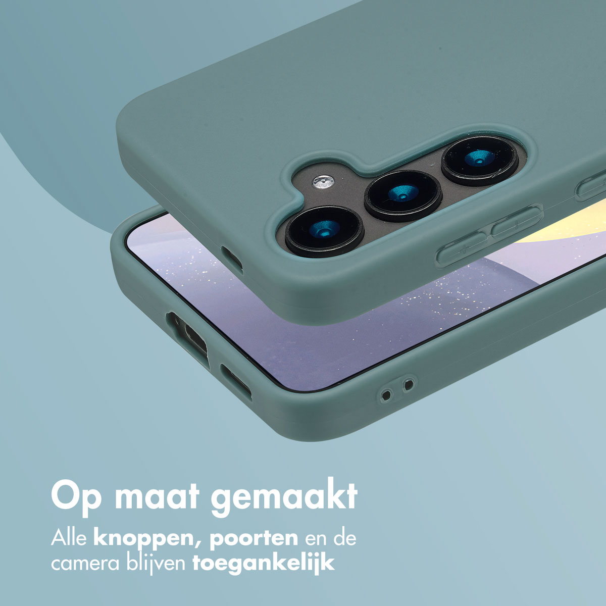 Coque verte sur un téléphone, légèrement ouverte. Texte en bas. L'écran du téléphone est visible.