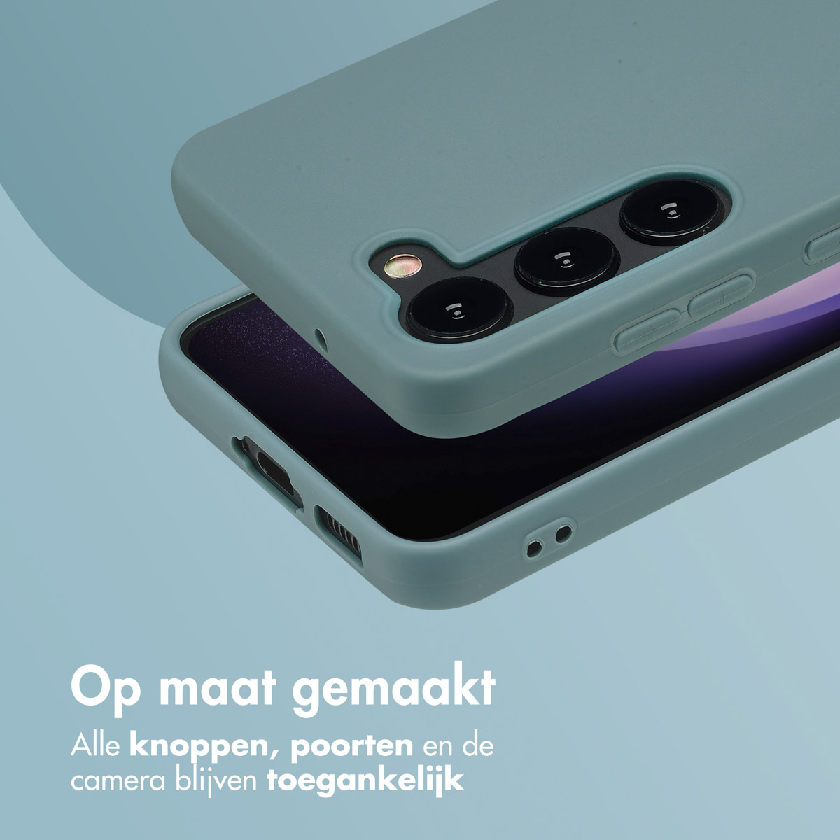 Groene telefoonhoes op blauwgroene achtergrond. Telefoon met camera en knoppen. Tekst onderaan.