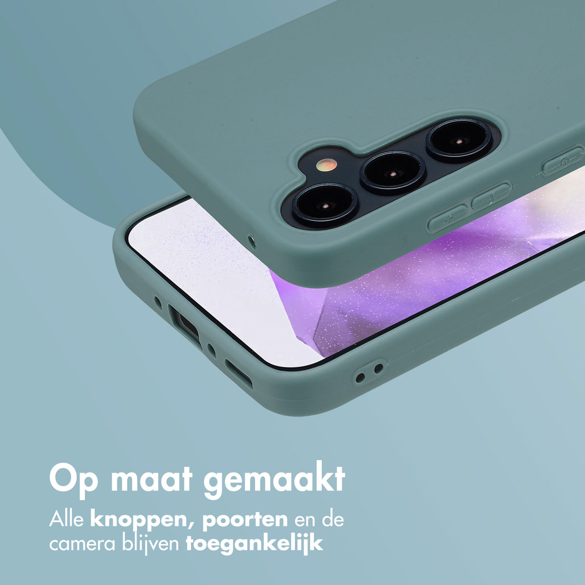 Coque de téléphone verte sur fond bleu-vert. Téléphone visible avec caméra et boutons. Texte en bas.