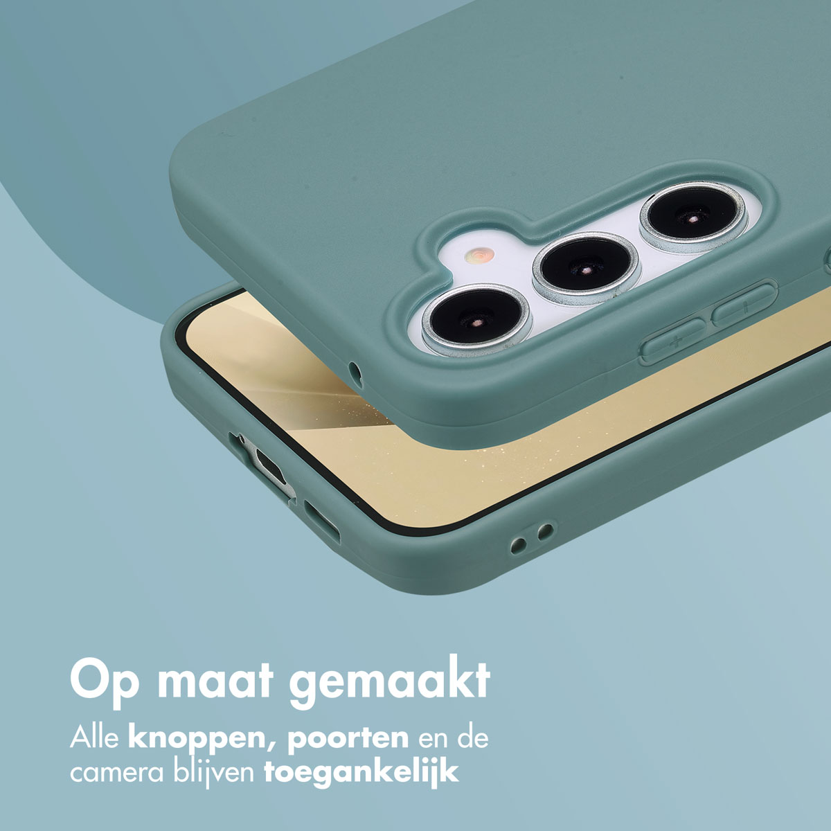Coque de téléphone verte sur fond bleu-vert. Téléphone visible avec caméra et boutons. Texte en bas.
