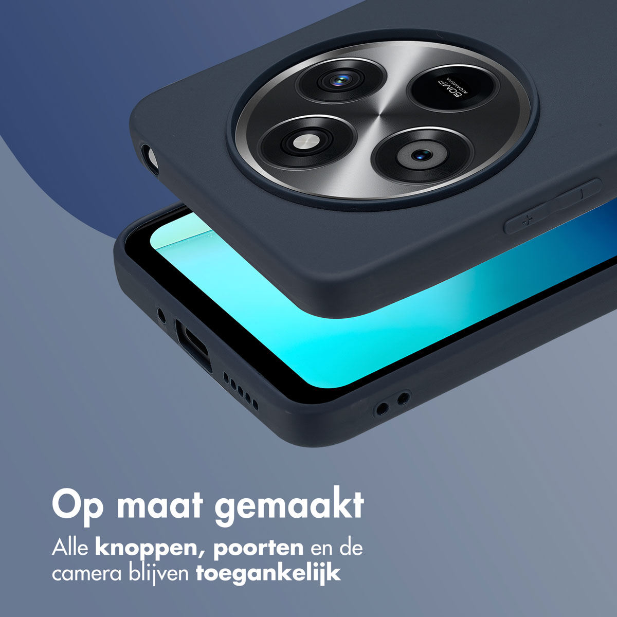 Coque de téléphone bleu foncé sur fond bleu. Téléphone avec caméra et boutons visibles. Texte en bas.