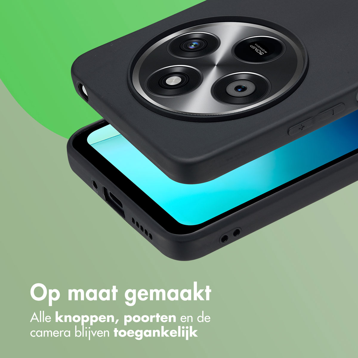 Zwarte telefoonhoes op groene achtergrond. Telefoon met camera en knoppen. Tekst onderaan.