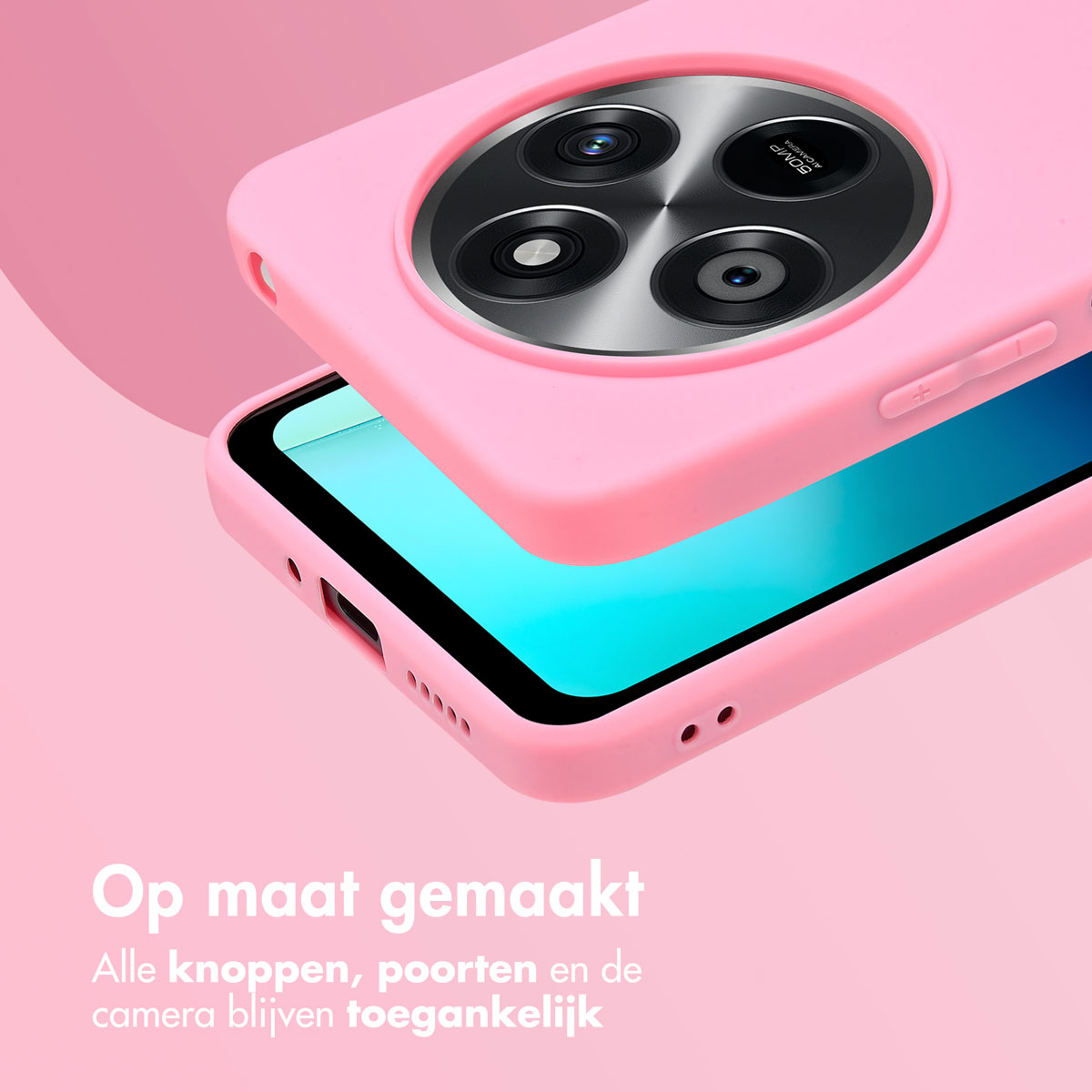 Roze telefoonhoes op roze achtergrond. Camera en knoppen zichtbaar. Tekst onderaan.