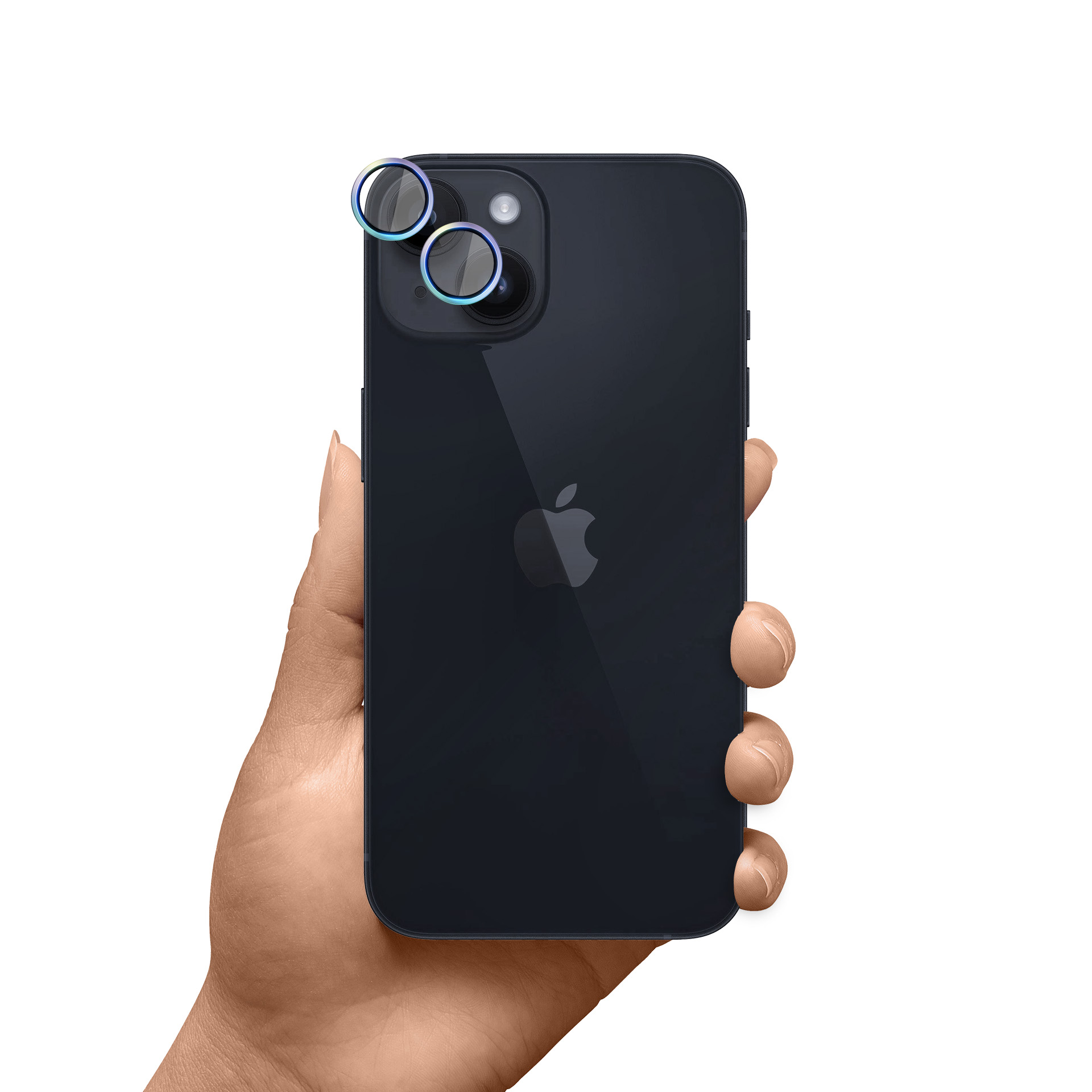 Dłoń trzymająca telefon, czarny telefon z osłonami obiektywu.