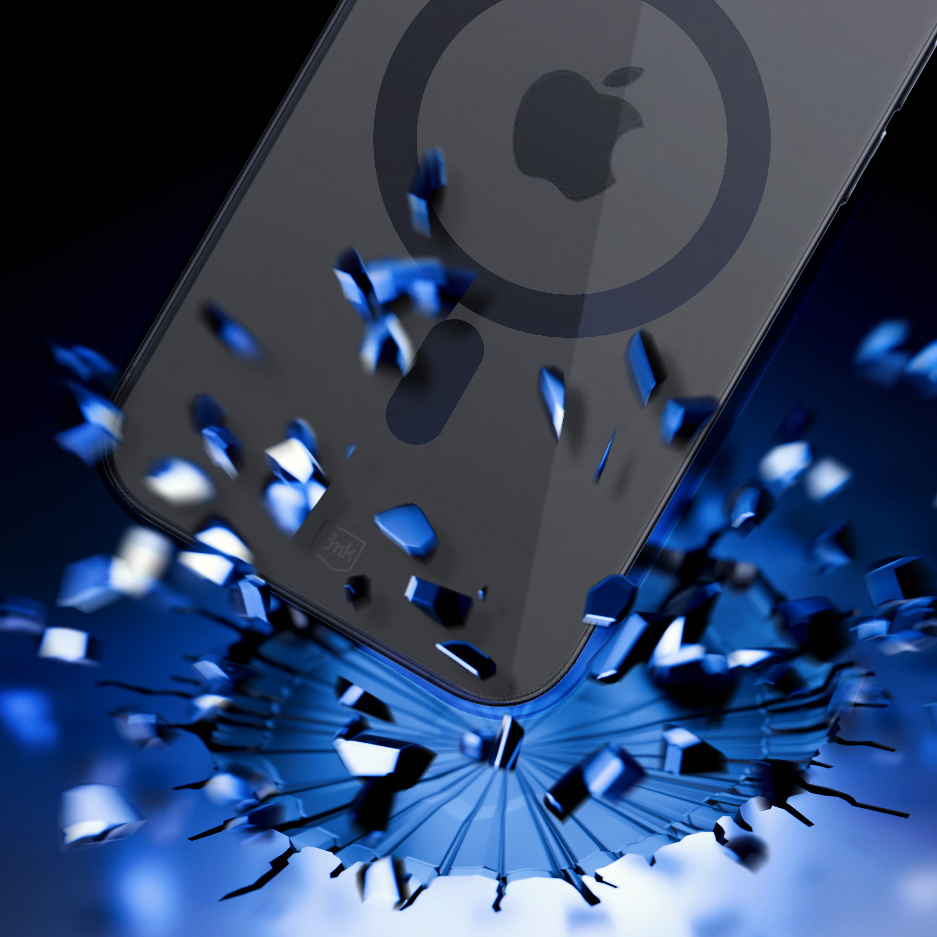 Etui na telefon z niebieskimi odłamkami, które się rozpadają. Logo Apple jest widoczne na etui.