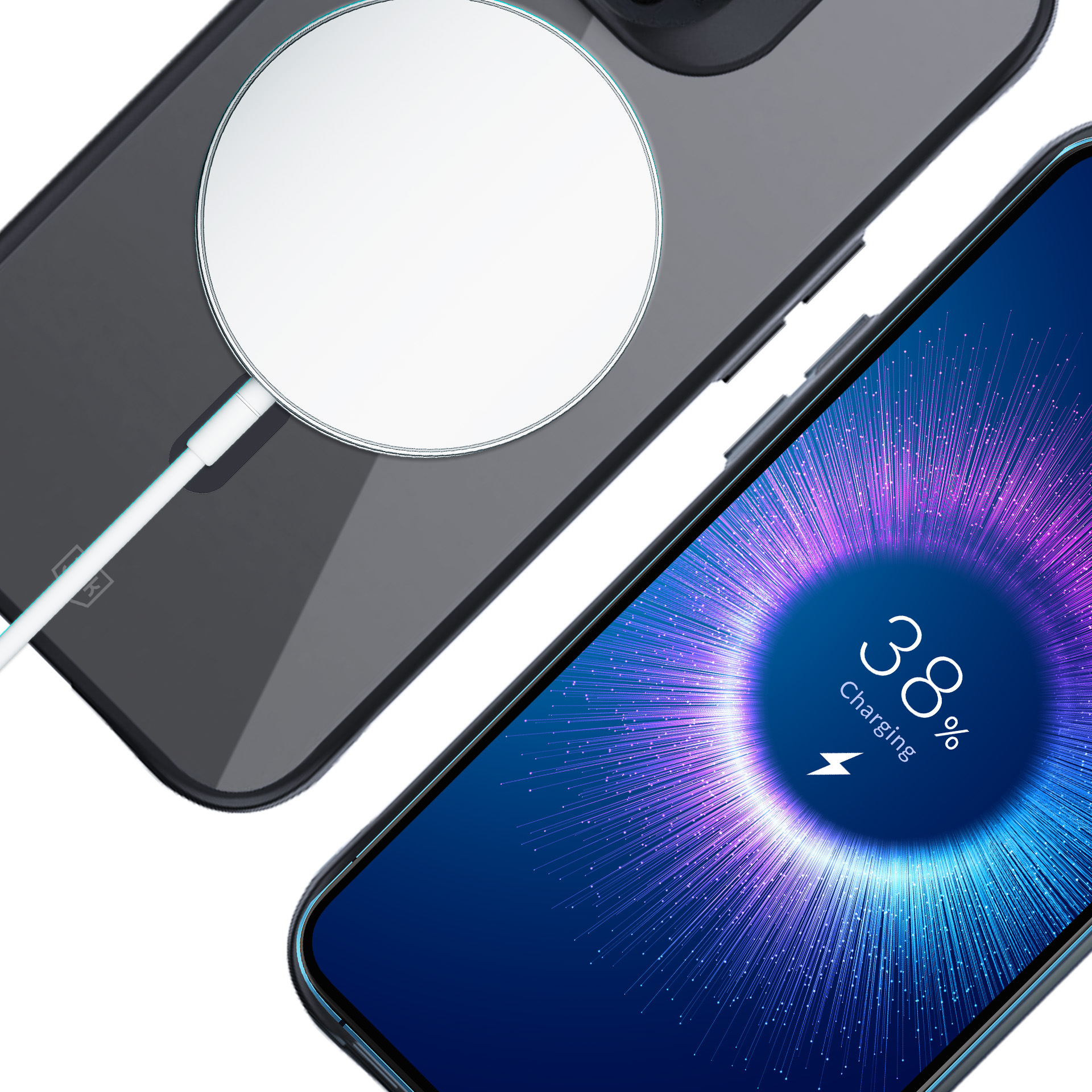 Un telefono che si carica in modalità wireless con un caricabatterie bianco su una superficie nera.