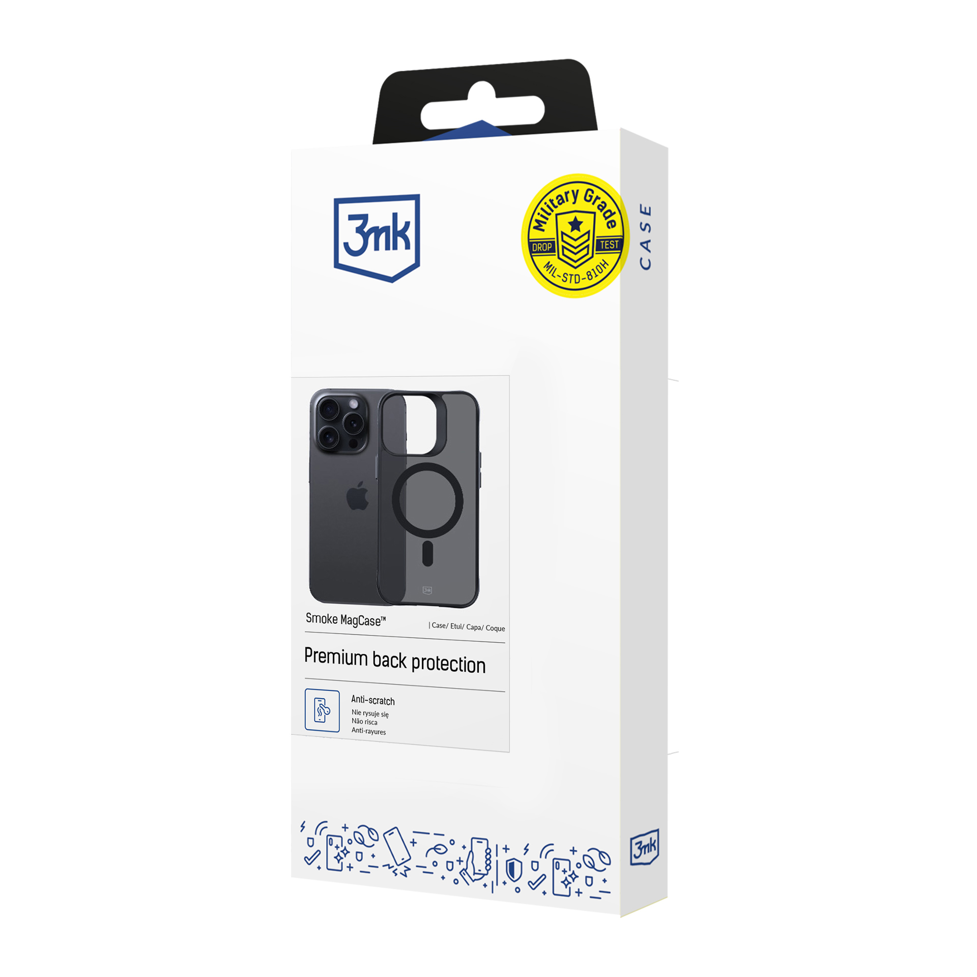 Pudełko na etui na telefon z etui na telefon w środku. Etui ma logo '3mk' i napis 'Smoke MagCase'.