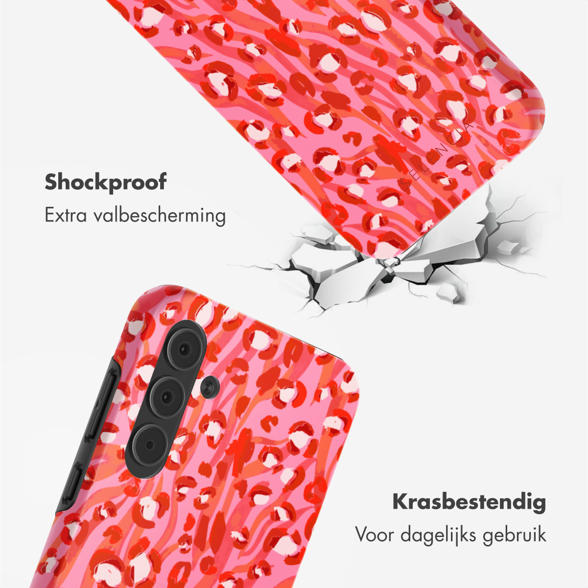 Coque de téléphone avec imprimé léopard. La coque se brise à l'impact. Fond rose.
