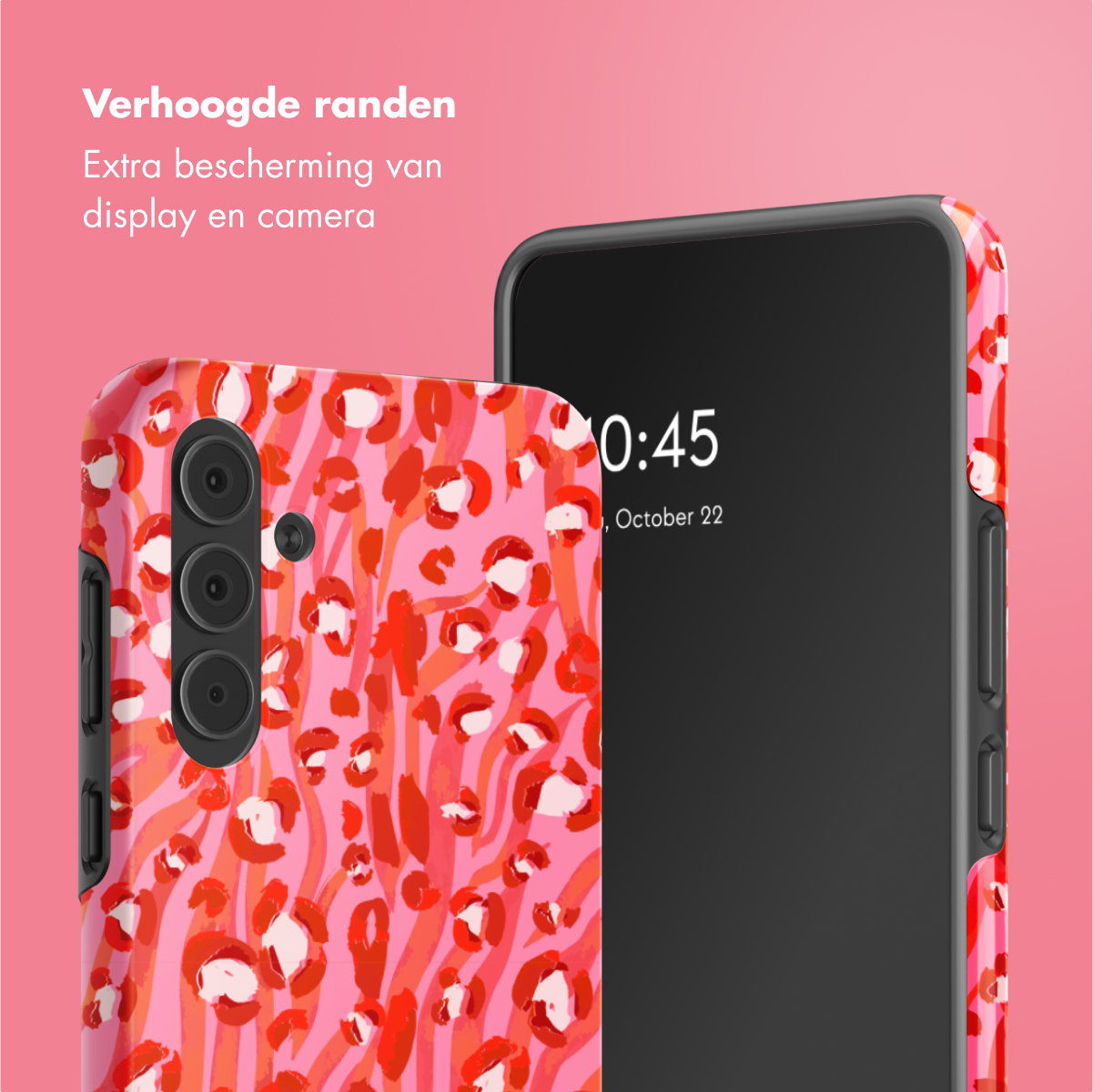 Un téléphone avec une coque à imprimé léopard rose et rouge, affichant l'heure 10h45 le 22 octobre.