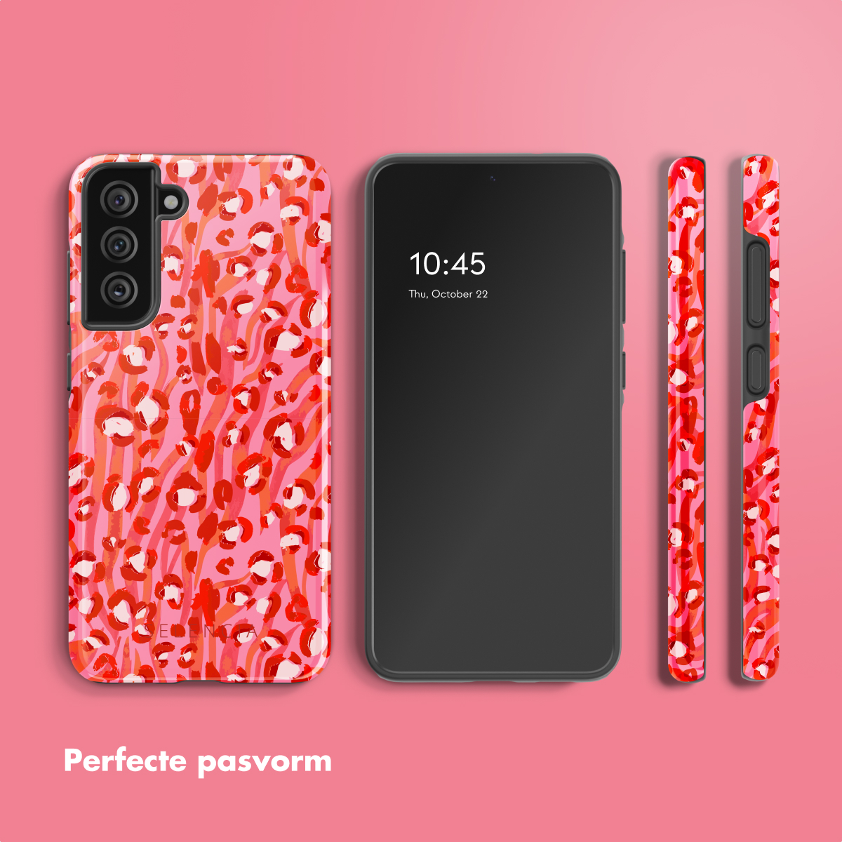 Un telefono e le sue custodie. Il telefono è nero e le custodie hanno stampe leopardate rosse. Sfondo rosa.