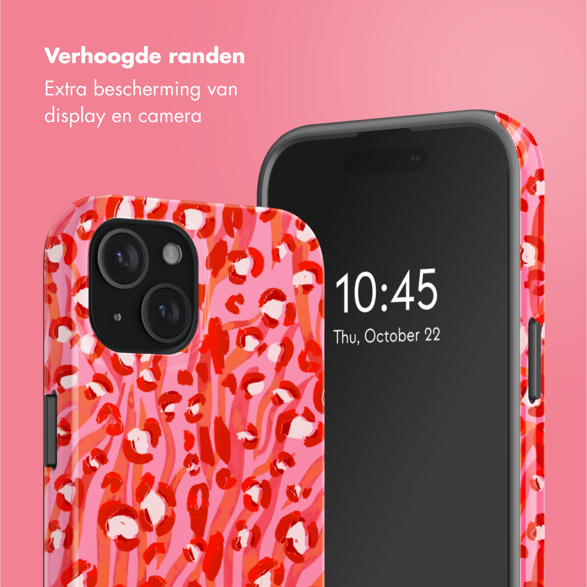 Phone with red leopard print case. The time is 10:45. Pink background.