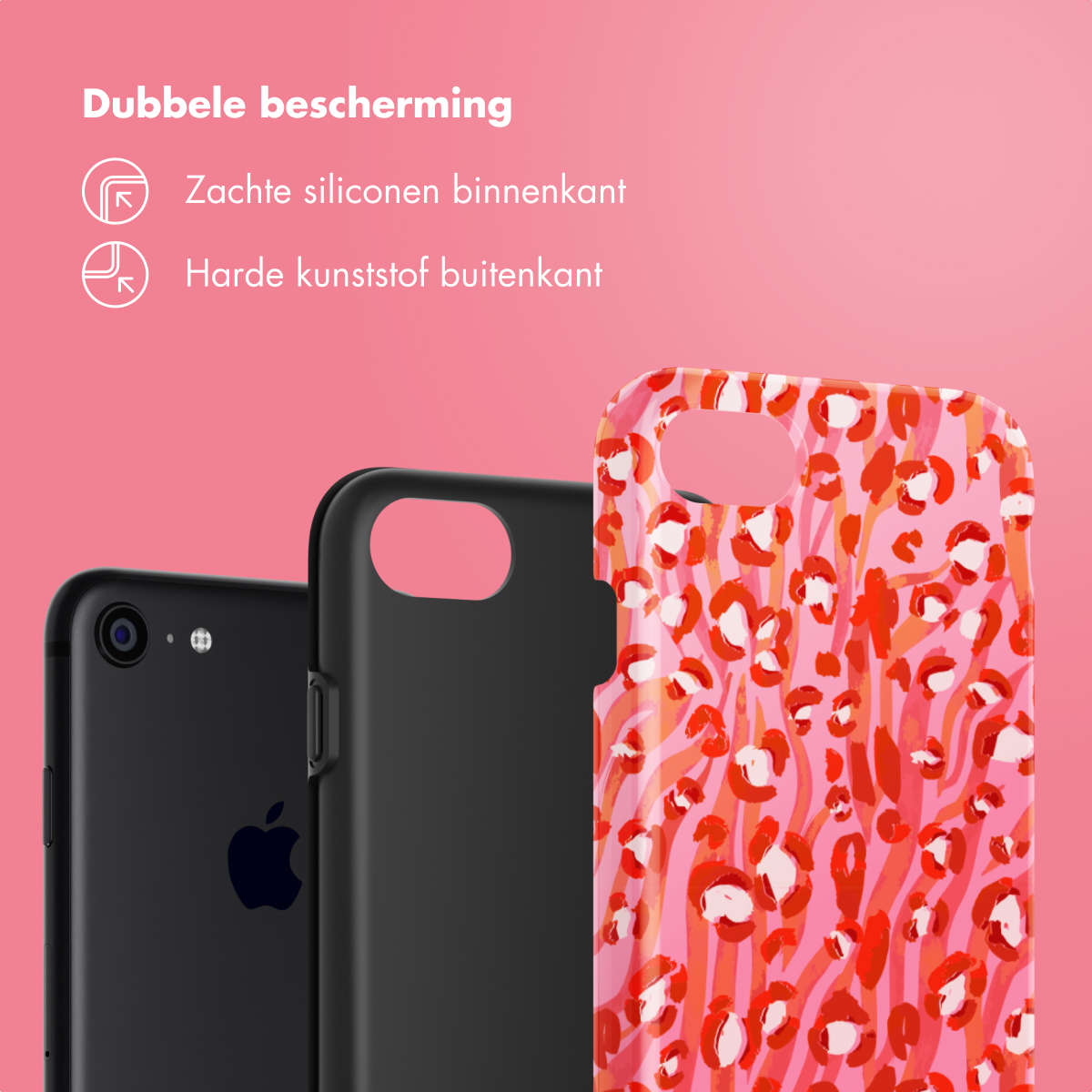 Drie telefoonhoesjes. De eerste heeft een zwarte telefoon, de tweede is zwart en de derde is luipaardprint.