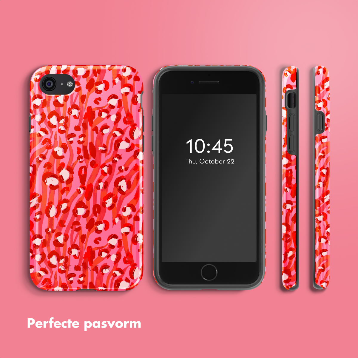 Een telefoon met een roze en rode luipaardprint hoesje, met de tijd 10:45 op 22 oktober.