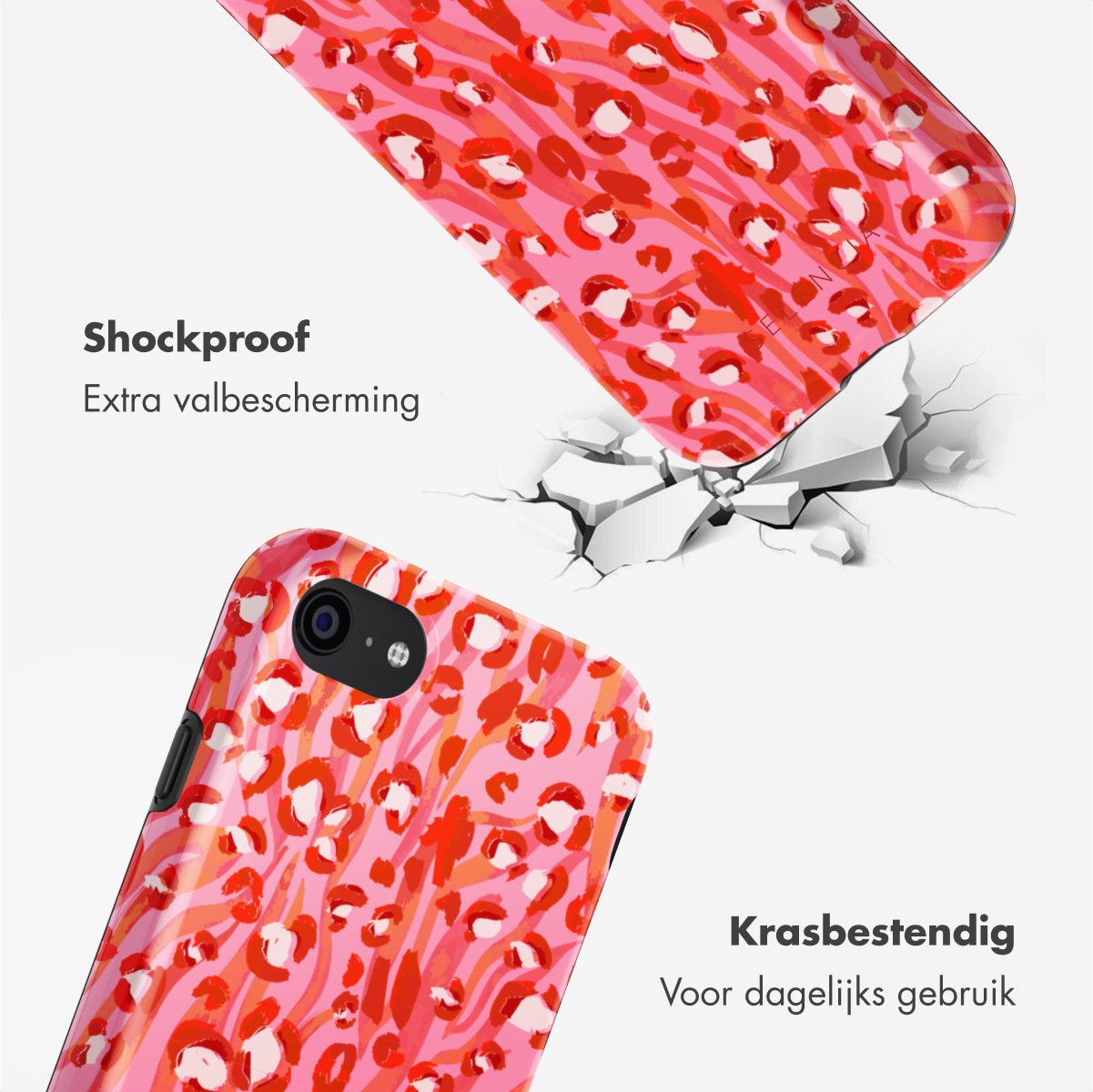 Telefoonhoesje met luipaardprint. Telefoonhoesje breekt bij impact. Roze achtergrond.