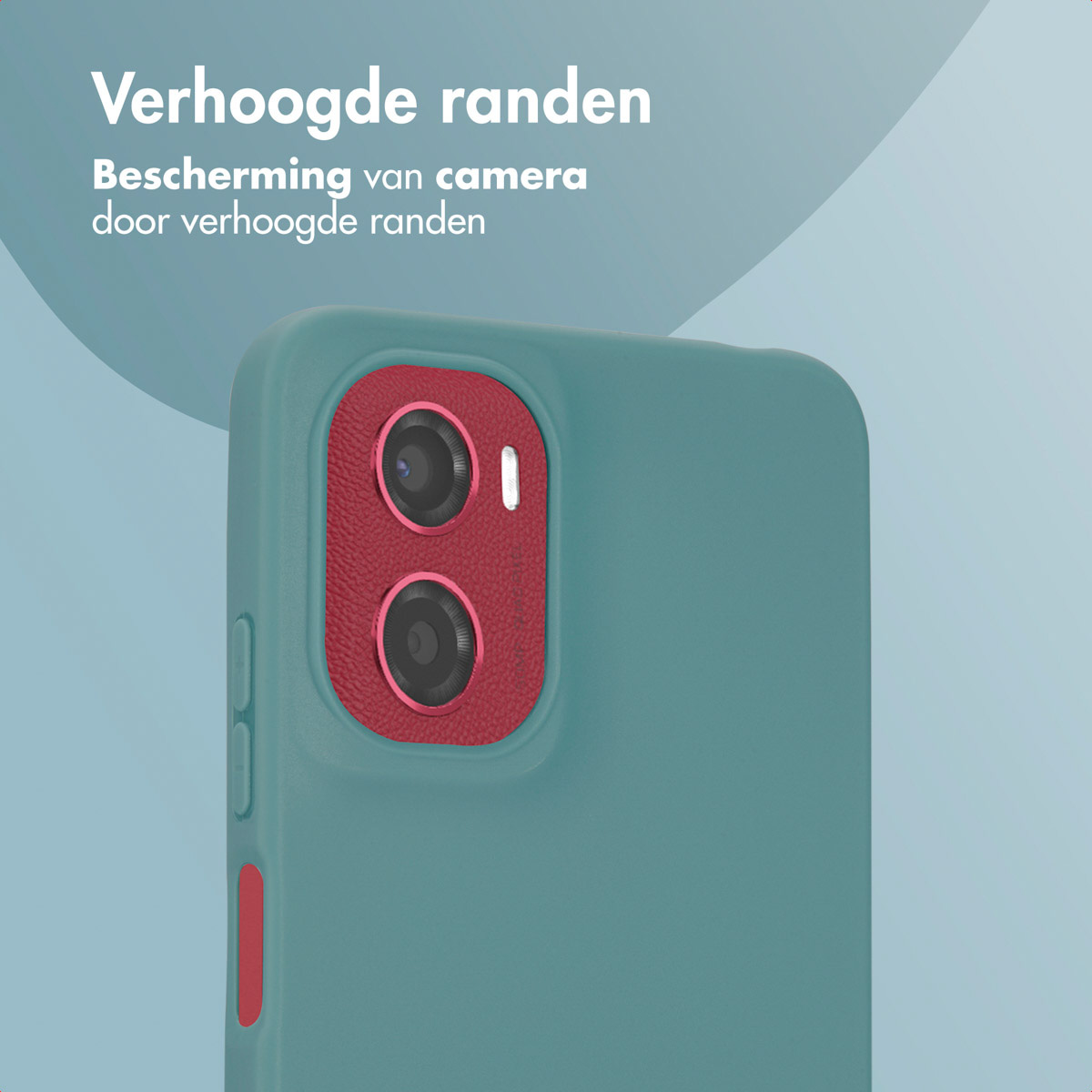 Coque de téléphone sarcelle avec anneau de caméra rouge. Texte : Bords surélevés. Protection de la caméra grâce aux bords surélevés.