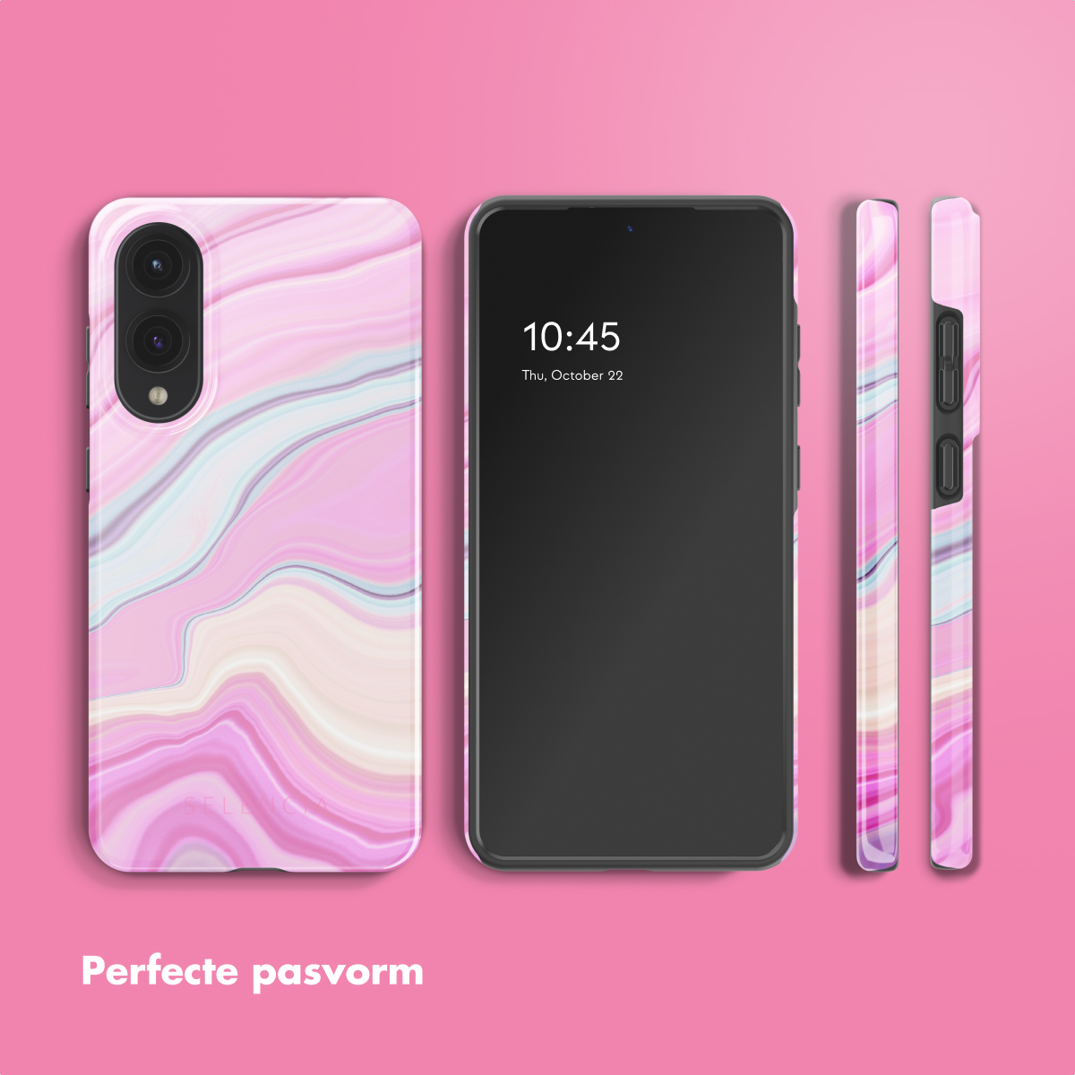 Roze telefoonhoesje met marmerdesign, telefoon rechts. Tijd is 10:45, roze achtergrond.