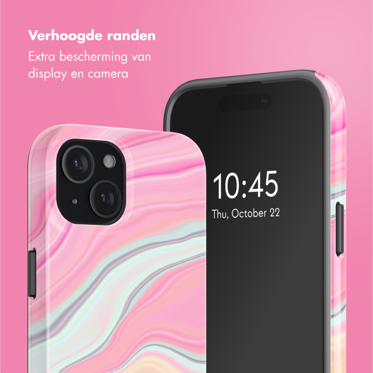 Phone with marble case, time 10:45. Pink background. Text: Raised edges. Extra protection for display and camera.