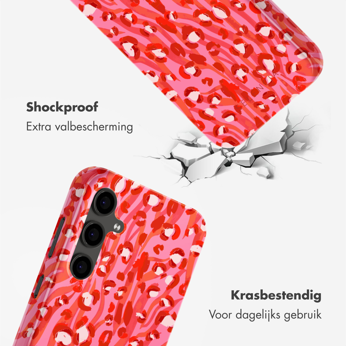 Een roze telefoonhoesje met een rood en wit dierenprintontwerp wordt weergegeven in een promotiefoto.