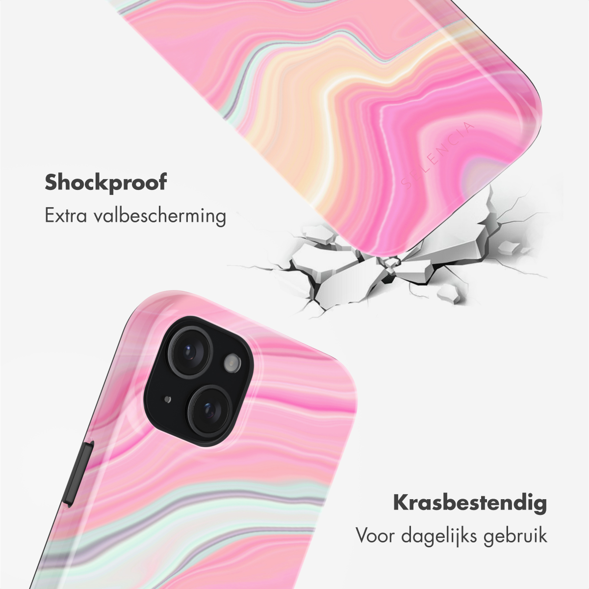 Phone case with pink marble design, phone on the ground, cracks around. Text: Shockproof.