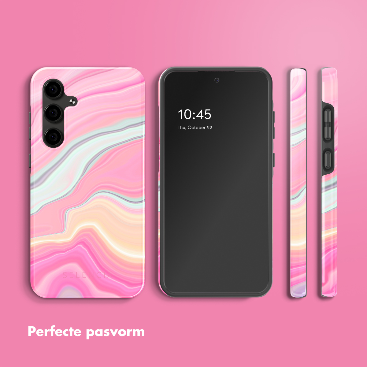 Roze marmeren telefoonhoes, telefoon met tijd 10:45. Roze achtergrond. Tekst: Perfecte pasvorm.